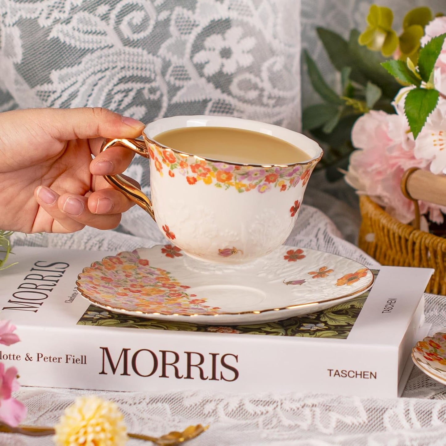 KAMMAK Tea Cups and Saucers Set of 2, Reinforced Porcelain Coffee Cups, 8.5-Ounce Stackable Espresso Mugs, Ceramic Demitasse for Coffee, Cappuccino, Latte, Americano, Tea, Secret Flourish