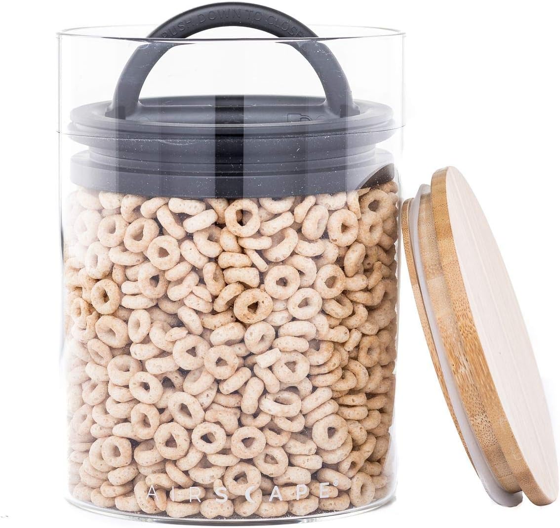AirScape Glass Food Storage Canister - Glass Storage With US Patented Airless Inner Lid & Bamboo Top Lid - Preserves Food Freshness (Medium 7-Inch)