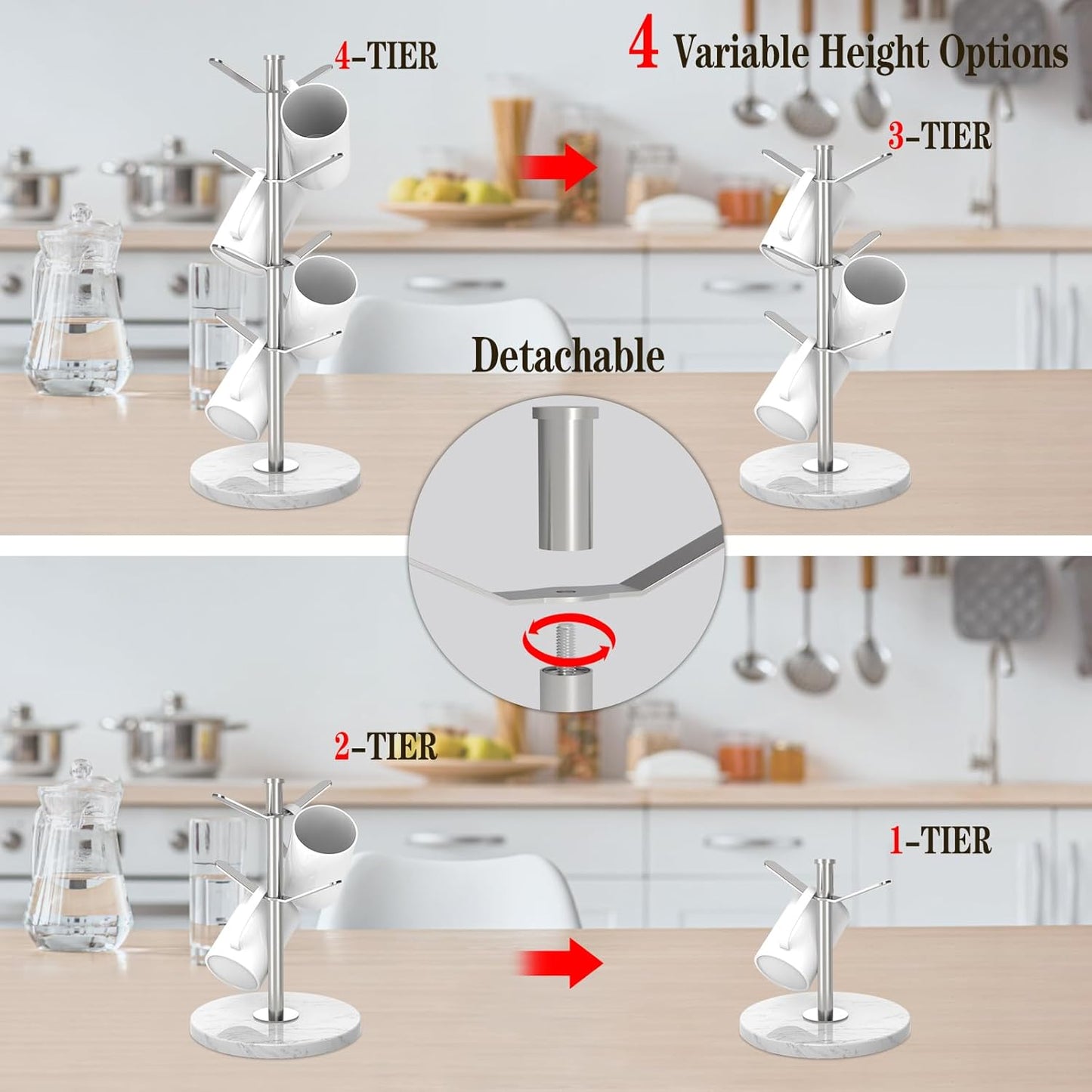 Marble Mug Holder Tree with 8 Hooks, Stainless Steel Coffee Cup Holder, Non-Slip Silicone Pads, Heavy Duty Marble Base, Countertop Organizer for Kitchen & Cafe, Silver