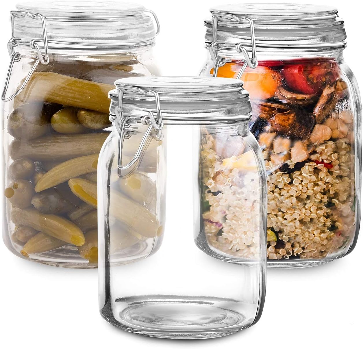 Set of 3 Mason Jars with Lid (1 Liter) | Airtight Glass Storage Containers for Food, Flour, Pasta, Coffee, Candy, Dog Treats, Snacks & More | Glass Organization Canisters | 34 Ounces