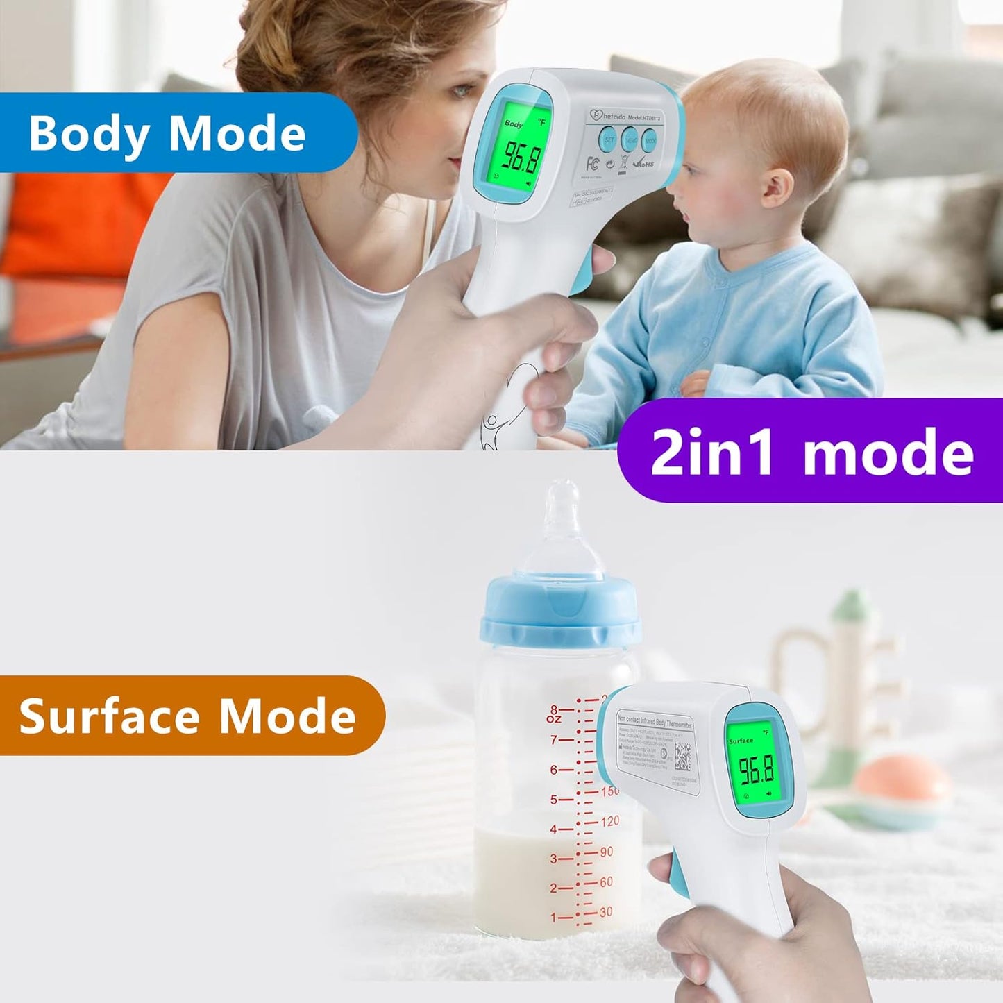 Digital Thermometer for Adults and Kids, No Touch Forehead Thermometer for Baby, 2 in 1 Body Surface Mode Infrared Thermometer with Fever Alarm and Instant Accuracy Readings