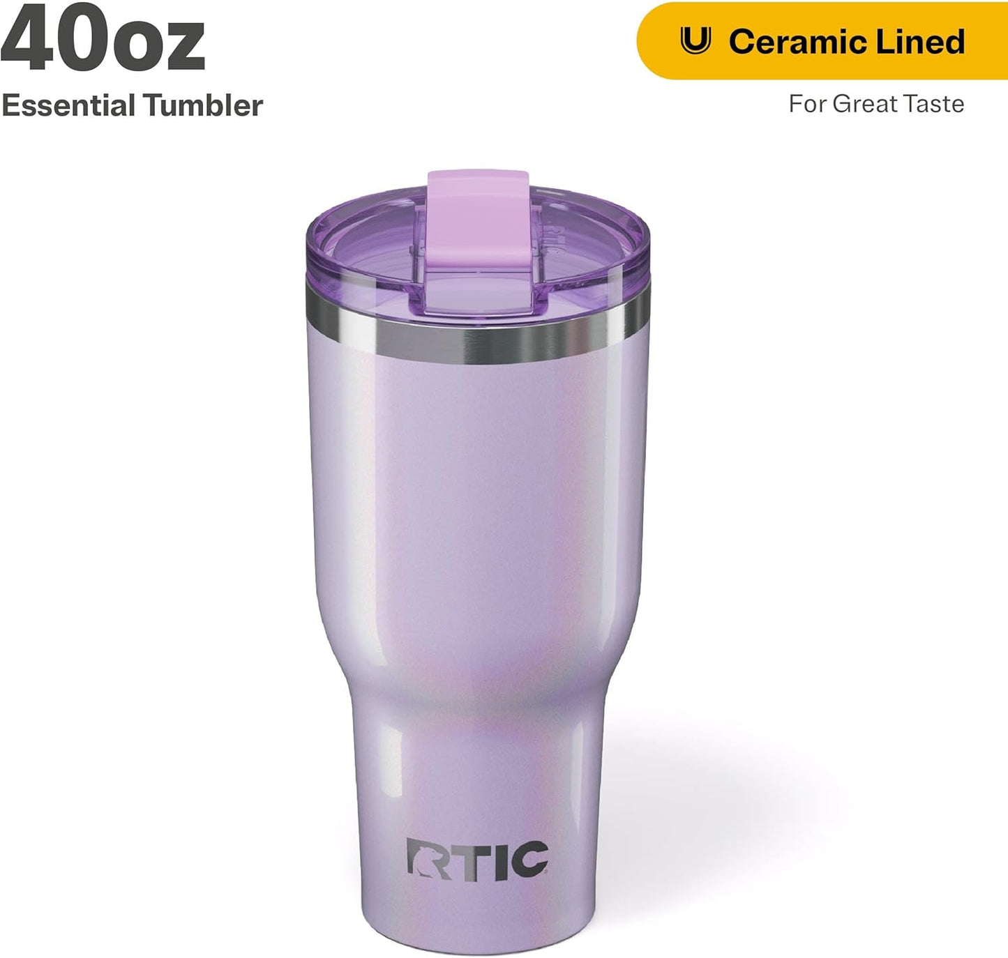 RTIC 40oz Essential Tumbler with Lid, Insulated, Stainless Steel, Metal, Double Wall Vacuum-Insulation, Ceramic Lined, Travel Cup for Iced Coffee, Tea, Hot and Cold Drink, Lavender Glitter