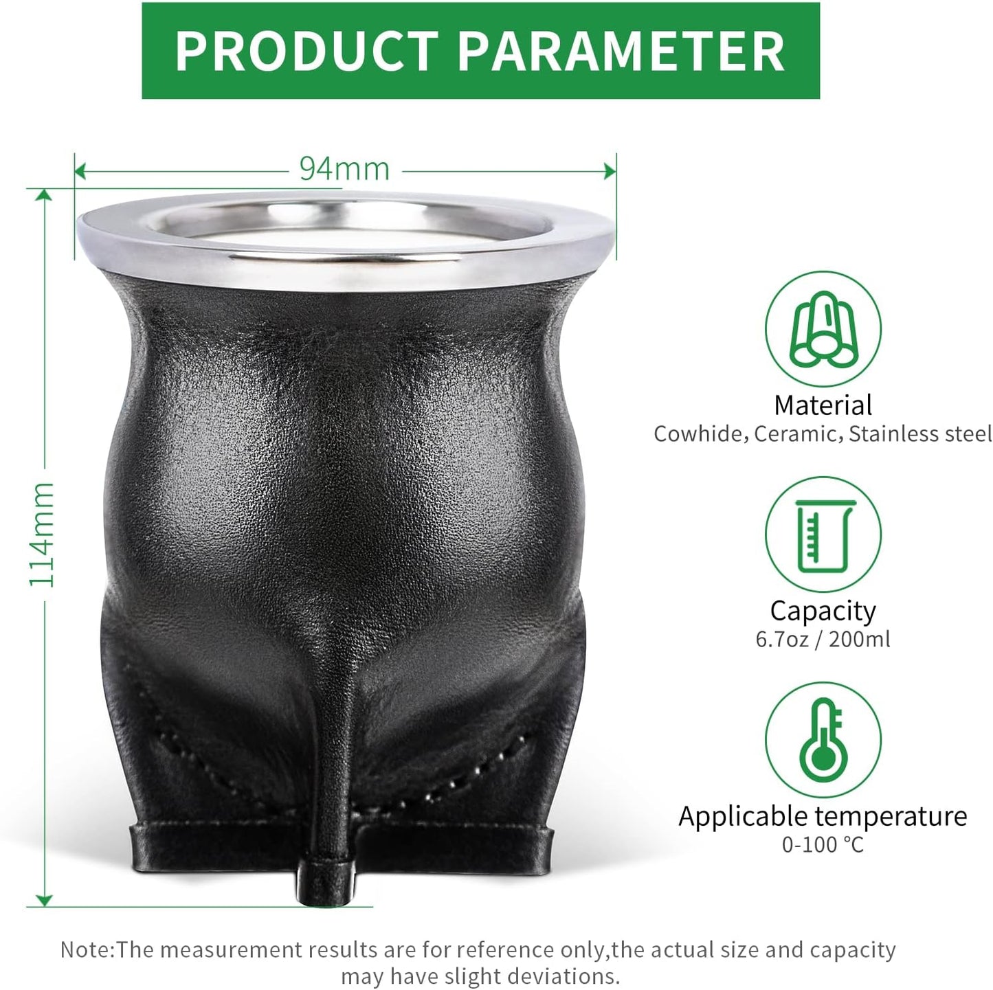 Ceramic Liner Yerba Mate Cup Argentina Gourd with Mate Bombilla Straw, Cleaning Brush (Black)