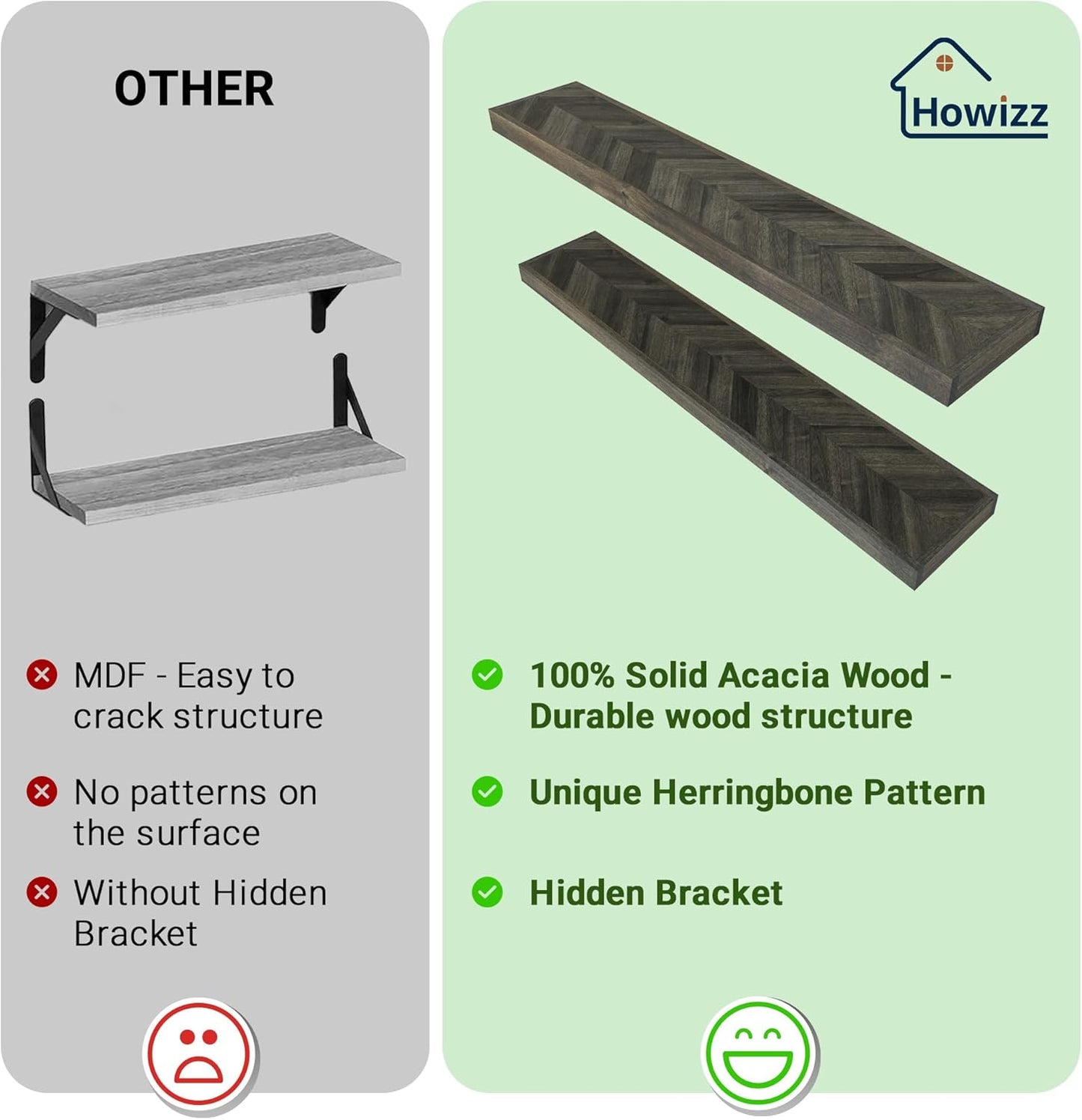 24" Acacia Chevron Floating Shelves Set of 2 - Wall Mounted Wooden Shelf for Stylish Home Décor - Mocha Color - 24x6.7x1.5 Inches