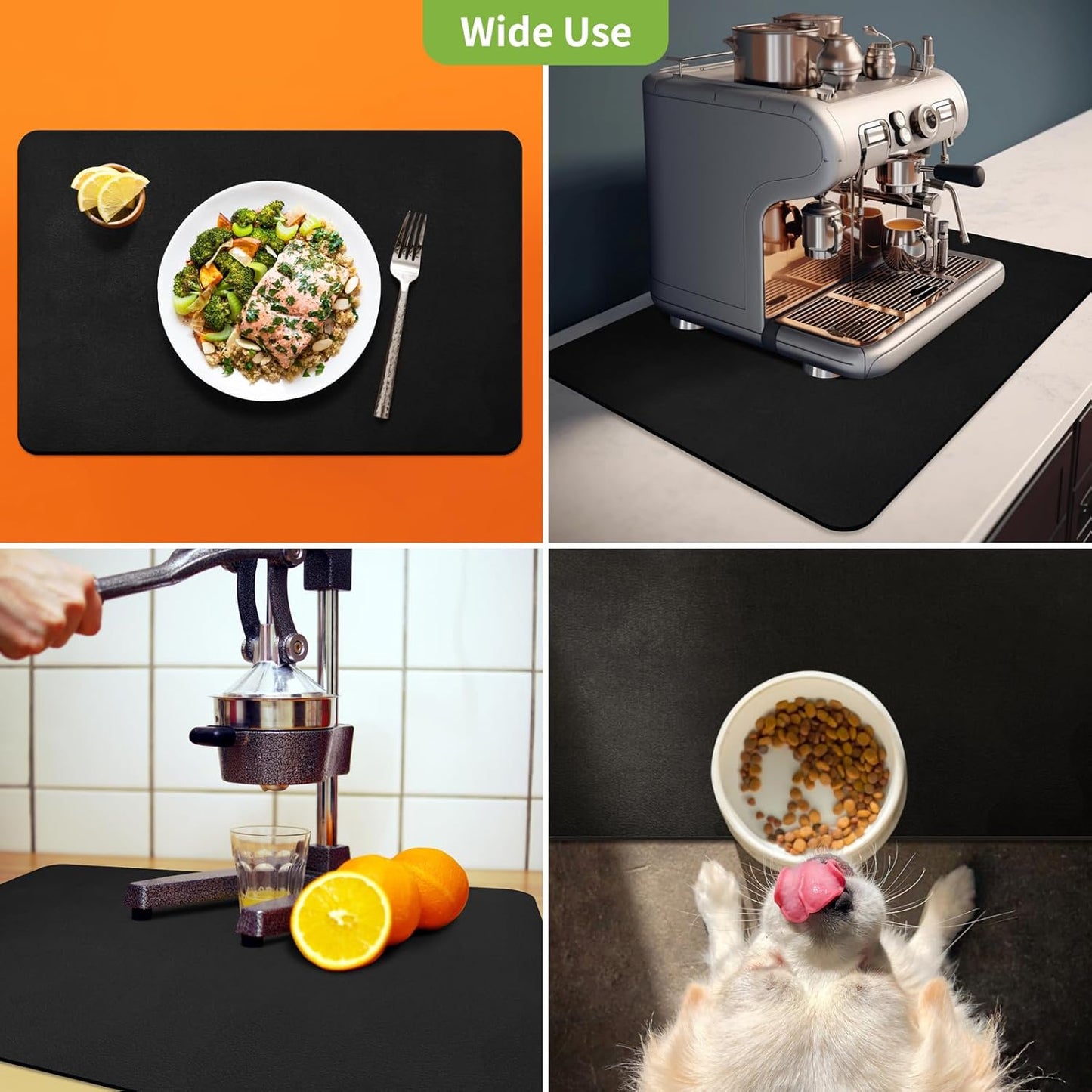 Matace Designer Coffee Bar Mat, Large 16 x 24 Inches, Rubber Backing, Absorbent Coffee Maker Mats for Dish Drying, Kitchen Countertop, Heat Resistant, Solid Black