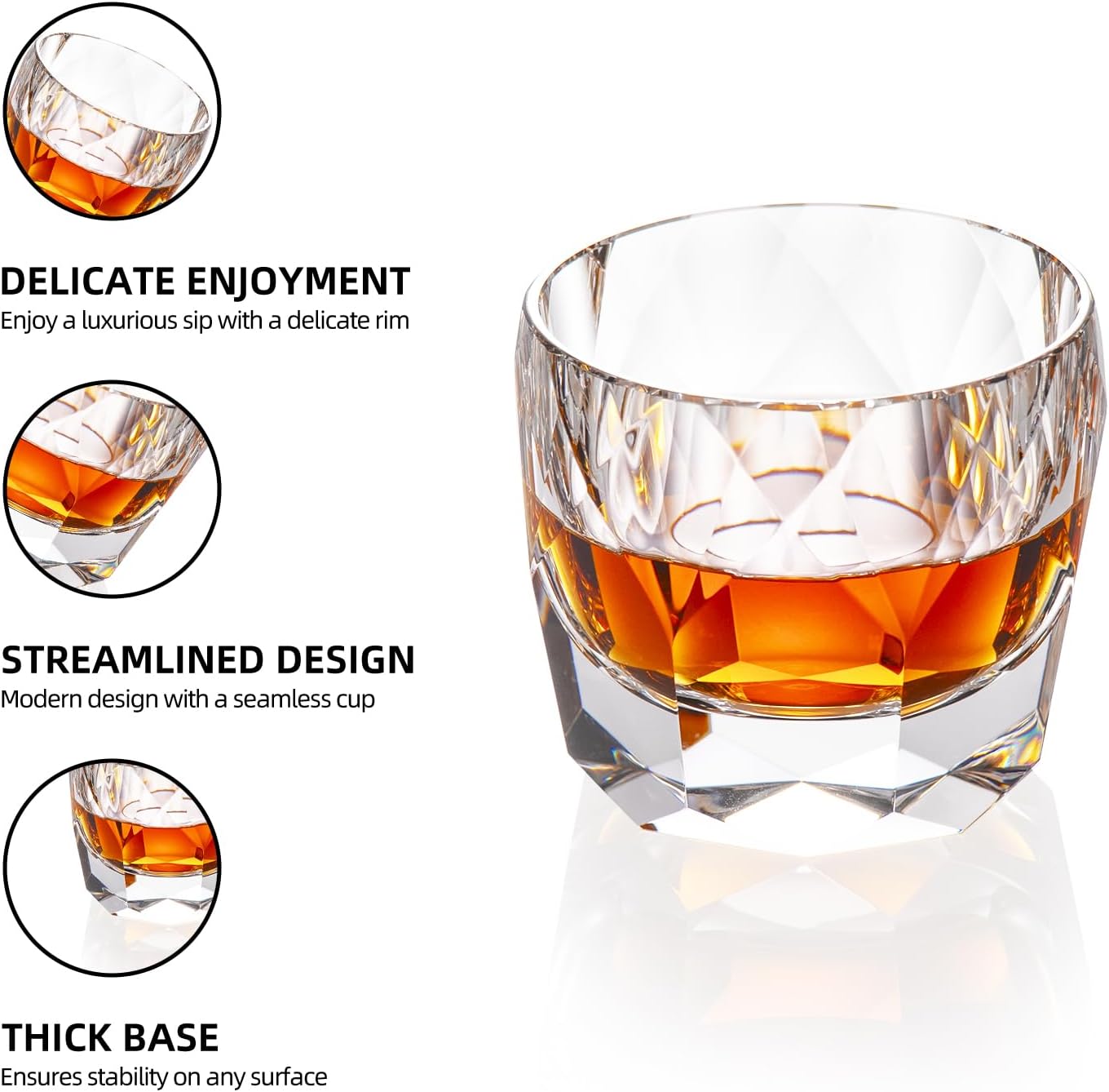 KAMMAK Crystal Whiskey Glasses Set of 2, 7.1oz Old Fashioned Glasses Stemless, Hand Blown White Cocktail Glasses, Luxury Handcrafted Cut Ice Ball Cup for Women, Perfect Men Gift for Bourbon