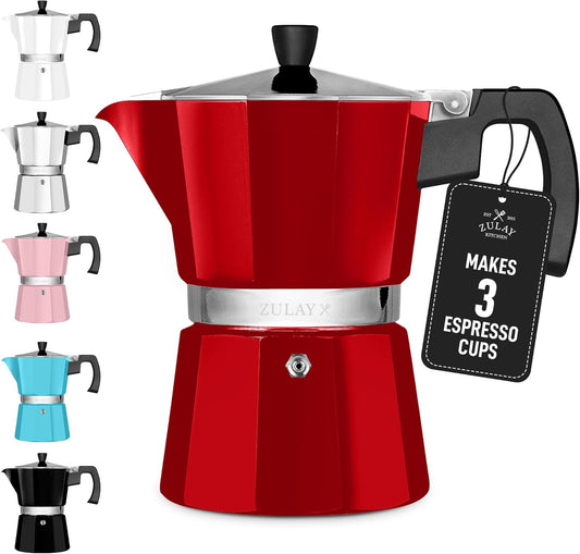 Zulay Moka Pot Espresso Stovetop Coffee Maker - Leak-Proof, Stainless Steel, Easy to Clean, Heat Resistant Handle & Knob - for Authentic Cuban & Italian Style Espresso - Makes 3 Espresso Cups - Red
