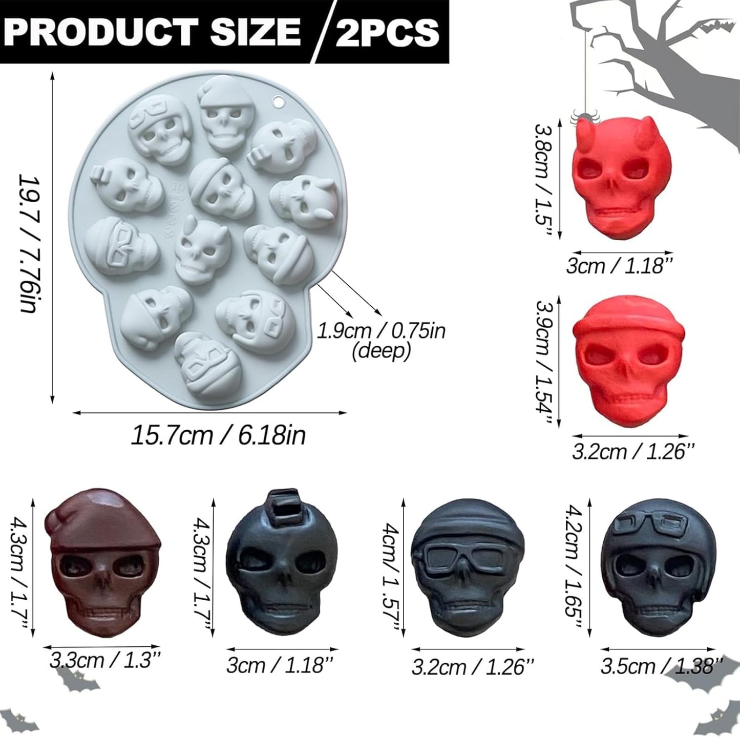 Halloween Chocolate Mold Silicone,12 Cavity Candy Gummy Mold with Pumpkin Wizard Hat Bat Spider Tombstone for Baking Chocolate Jelly Gummy Dessert 2pcs