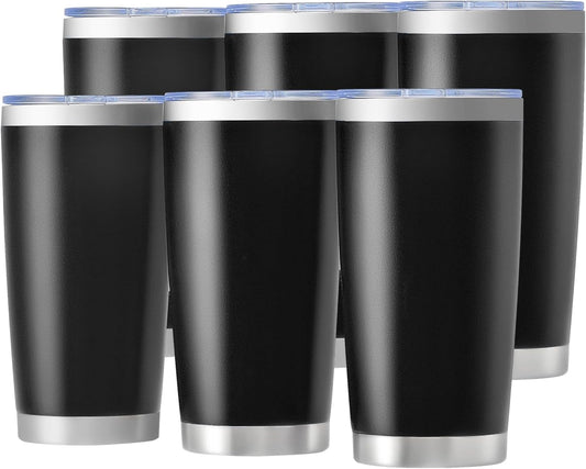 OMTech 20oz Tumblers Bulk, 6pc Stainless Steel Tumbler Set with Lid & Straw, Double Wall Vacuum Insulated Mug for Laser Engraver, Travel Coffee Mug for Hot & Cold Drinks, Black Powder Coated Cup