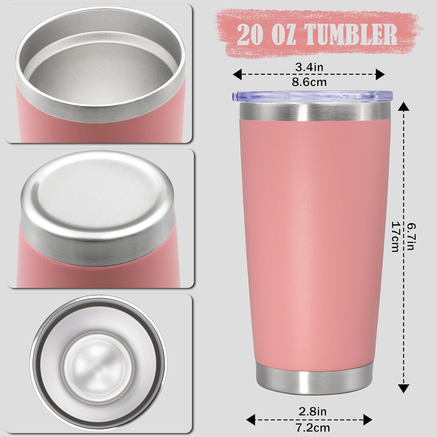 20 oz Tumbler Coffee Tavel Tumblers Bulk with Lid Stainless Steel Double Wall Vacuum Insulated Mug Powder Coated Cups fit Car Cupholder for Hot and Cold - Pink, 4Pack