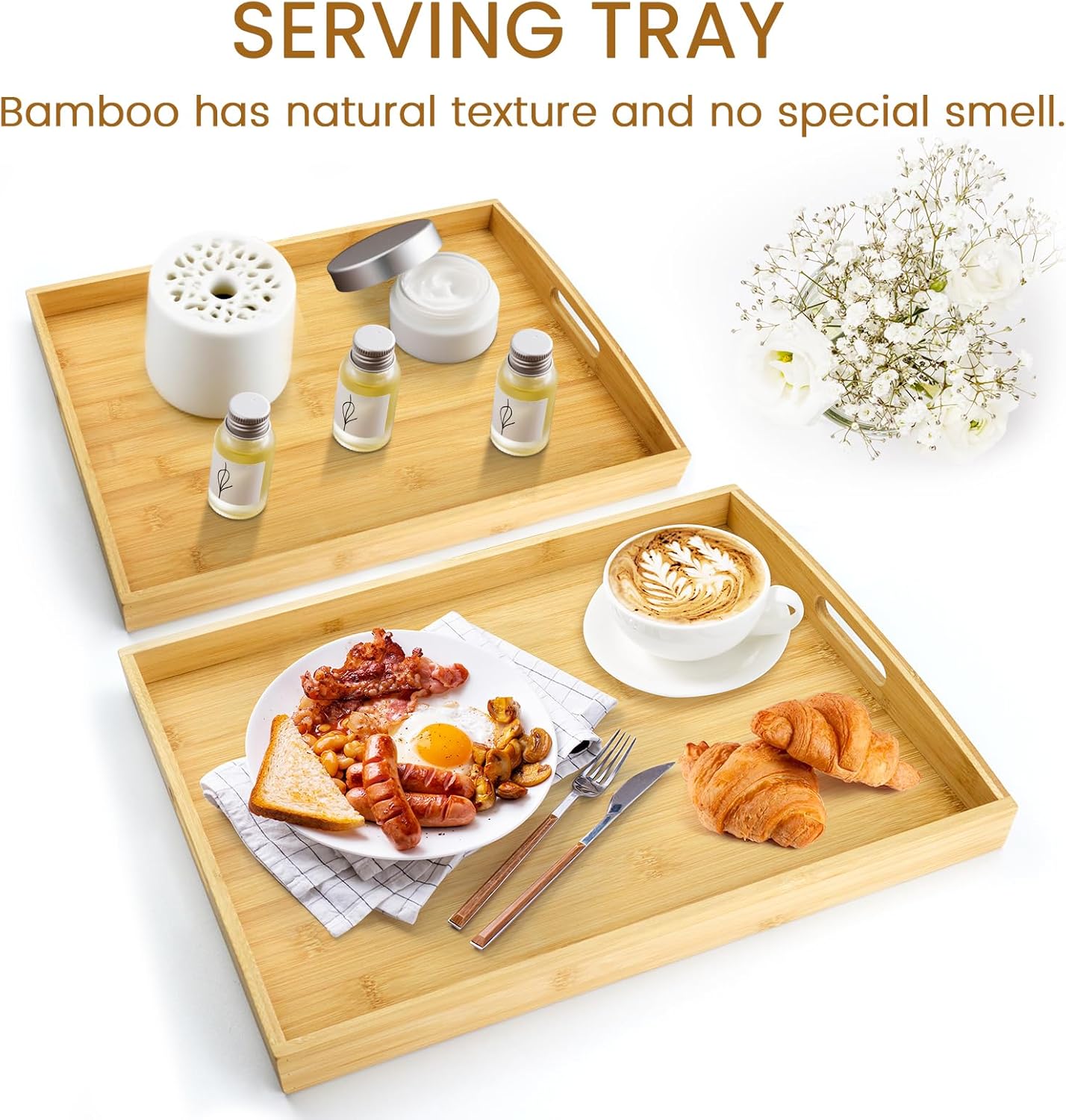 GOLD HONEY Bamboo Serving Tray with Handles Set of 2 - Decorative Wooden Tray for Living Room, Bathroom, Suitable for Used in Bedroom, Kitchen, Coffee Table, Outdoor and Storing - 17x13in, 16x12in