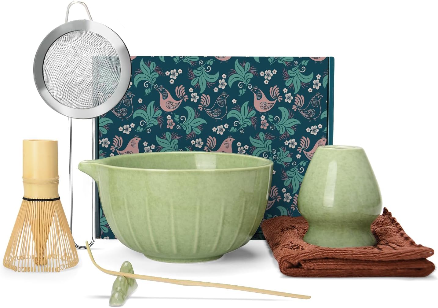 MONOJOY Matcha Whisk Set Ceramic Bowl Kit with Spout, Bamboo Chasen and Holder, Scoop Rest,Sifter Tea Towel Ceremonial Cute Matcha Tea Making Tool,Gift Perfect for Latte Lovers | Beginners,7pcs