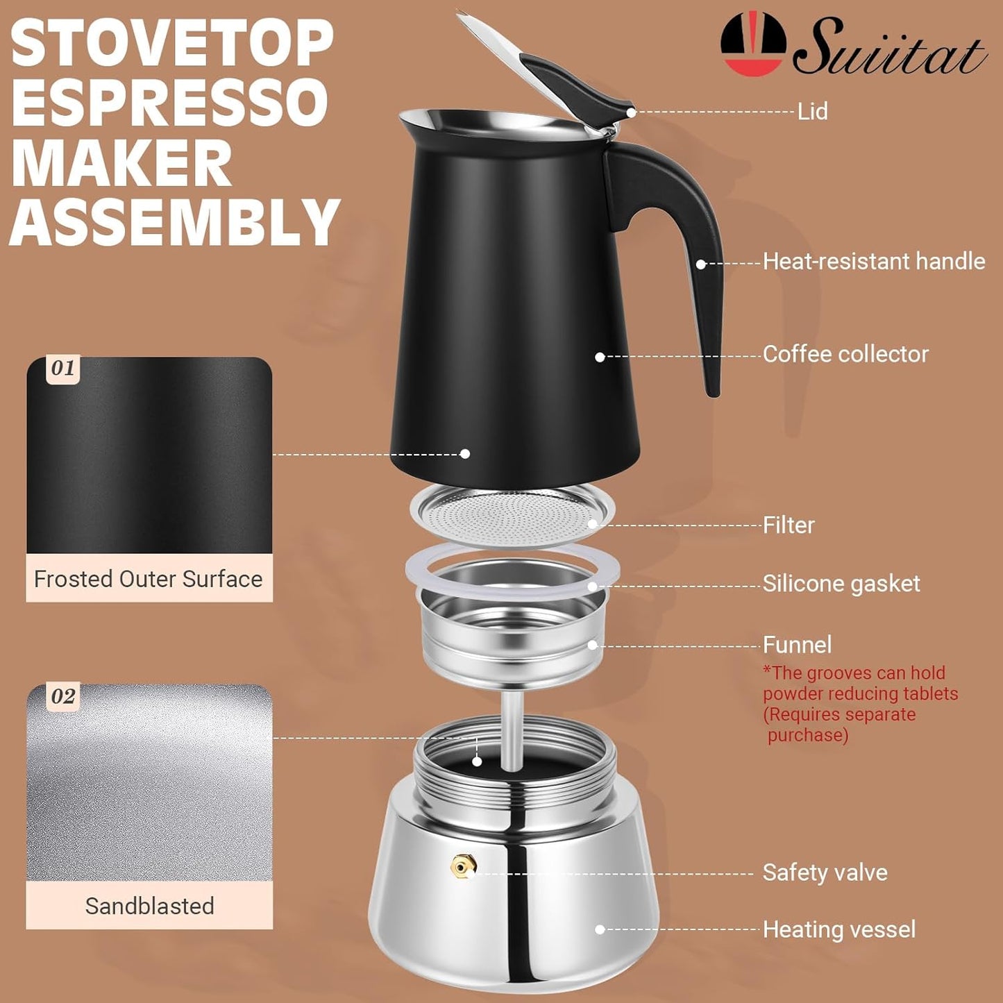 Moka Pot, 4 Cups (7.1 oz) Stovetop Espresso Maker, 304 Stainless Steel Moka Pot, Induction Compatible, Black