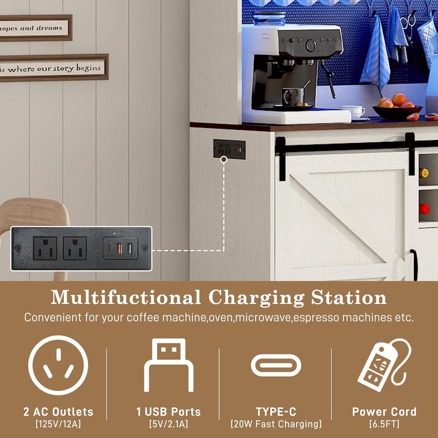 74" Tall 63" Wide Large Coffee Bar Cabinet w/Outlet,6000-color LED Light,Pegboard,Farmhouse Hutch Cabinet w/Barn Door,2 Big Drawers,Adjustable Shelves,10 Wine & Glasses Rack,5 Hook for Kitchen