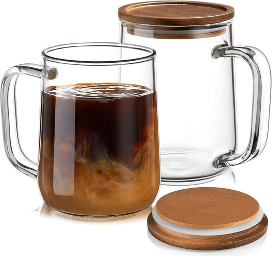 Glass Coffee Mugs, 16 oz Glass Coffee Cups with Acacia Wood Lids, Clear Borosilicate Glass Mugs with Handles for Cappuccino, Tea, Latte, Hot/Cold Beverages, Wine, Americano, Set of 2