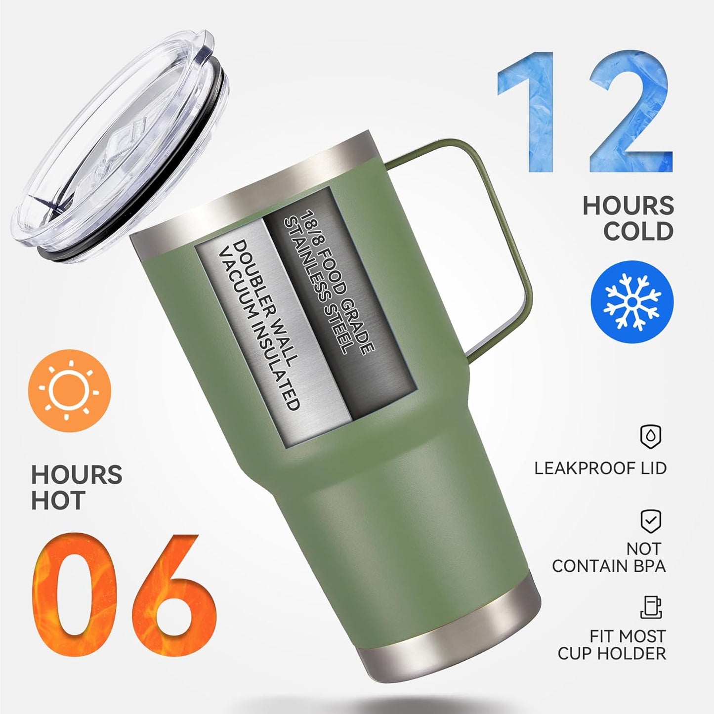 30 oz Tumbler with Handle and Lid, Stainless Steel Tumblers Double Wall Vacuum Insulated Travel Mug Leak Proof Cup Keep Drinks Cold and Hot Army Green, 1 Pack