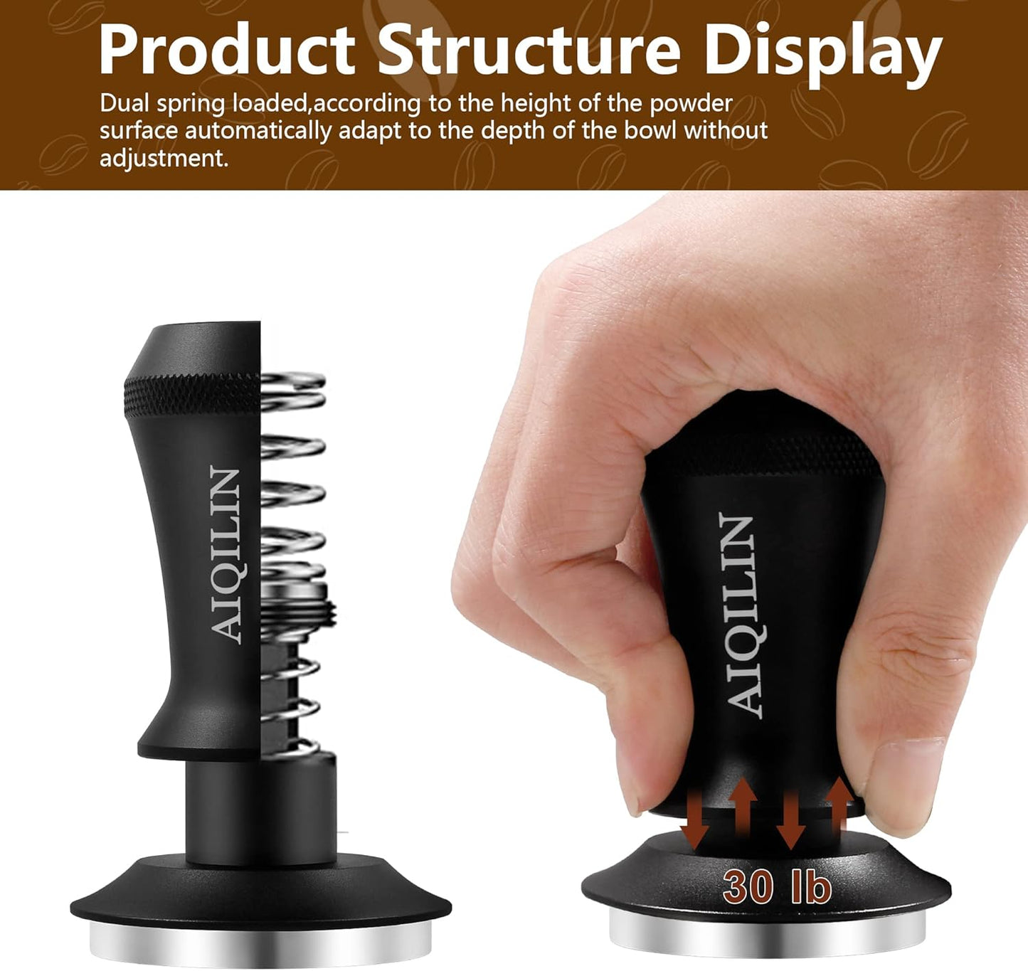 Espresso Tamper, Constant 30lb Coffee Tamper with double Calibrated Spring Loaded, Stainless Steel double spring loaded Coffee Tamper Fits for All Portafilters- Flat Base (51mm, BLACK)