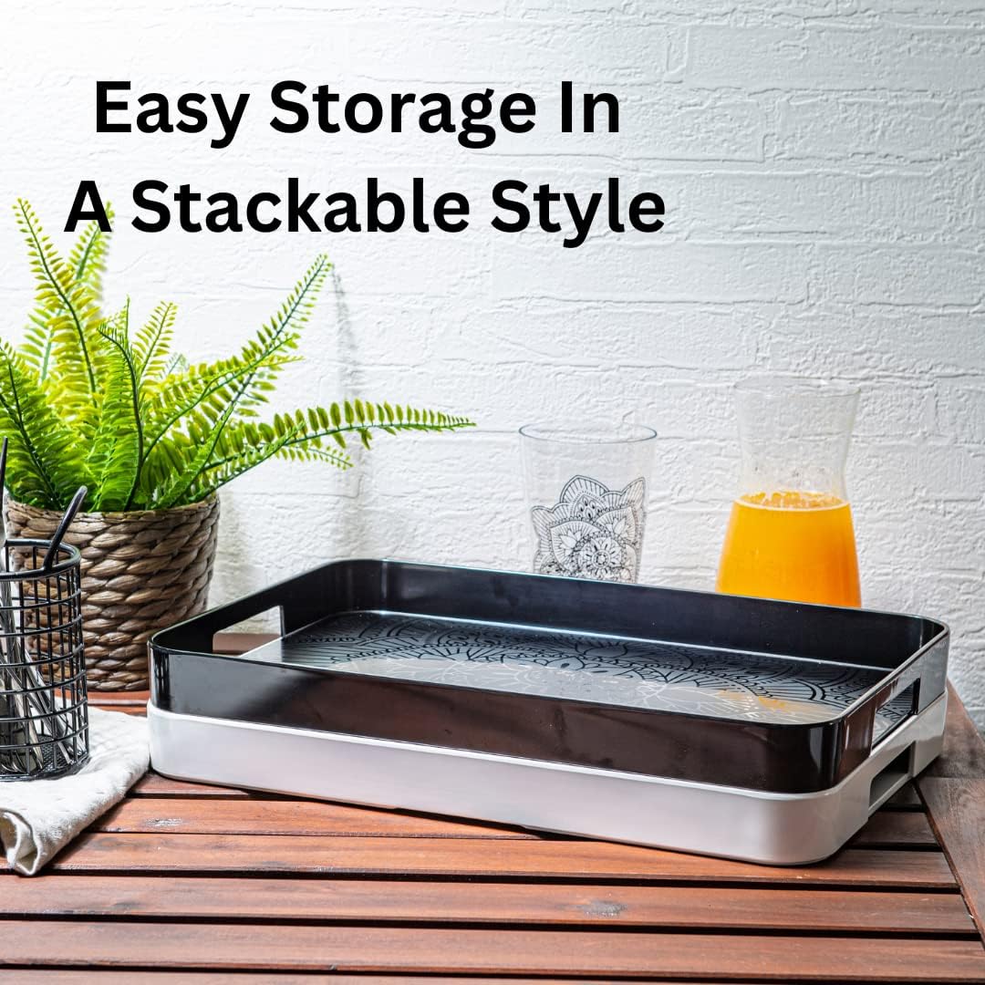 Bzyoo Melamine Gallery Tray -11.5in x 16inch Large Rectangle Serving Tray with Handle for Entertaining, Ottoman and Kitchen Counter Decor, Decorative Home Coffee Table Tray or Vanity Tray - White