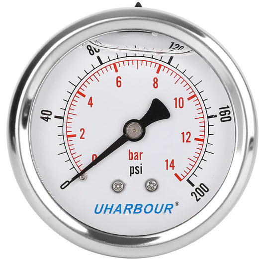 Glycerin Filled Pressure Gauge 200psi/14bar, Stainless Steel case, Brass Inside Construction, 2-1/2" dial, 1/4" NPT Back Connection.…