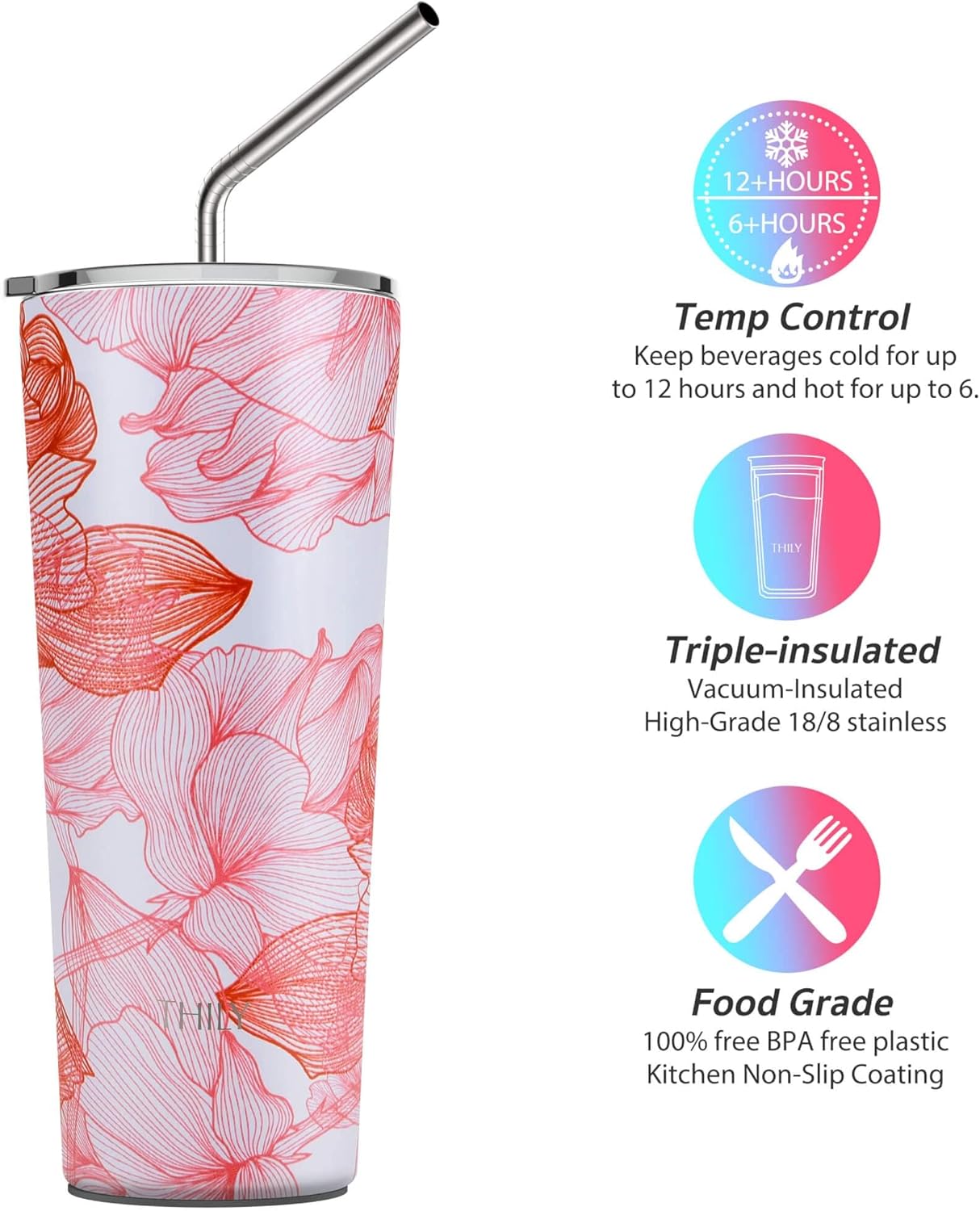 THILY Tumbler Stainless Steel Coffee Cup 26 oz Triple-Insulated Travel Mug with Splash-Proof Lid, Reusable, BPA Free, for Iced Water and Hot Beverage Smoothies Cup, Red Lotus