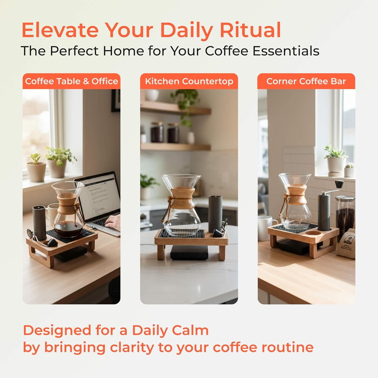 Coffee Organizer Station Oak Wooden Riser Display Stand, for Pour Over & Espresso Tools, Fits Chemex, Bodum, COSORI, Moka Pot, Manual Coffee Grinder, Coffee Scale, with Black Coffee Mat for Countertop