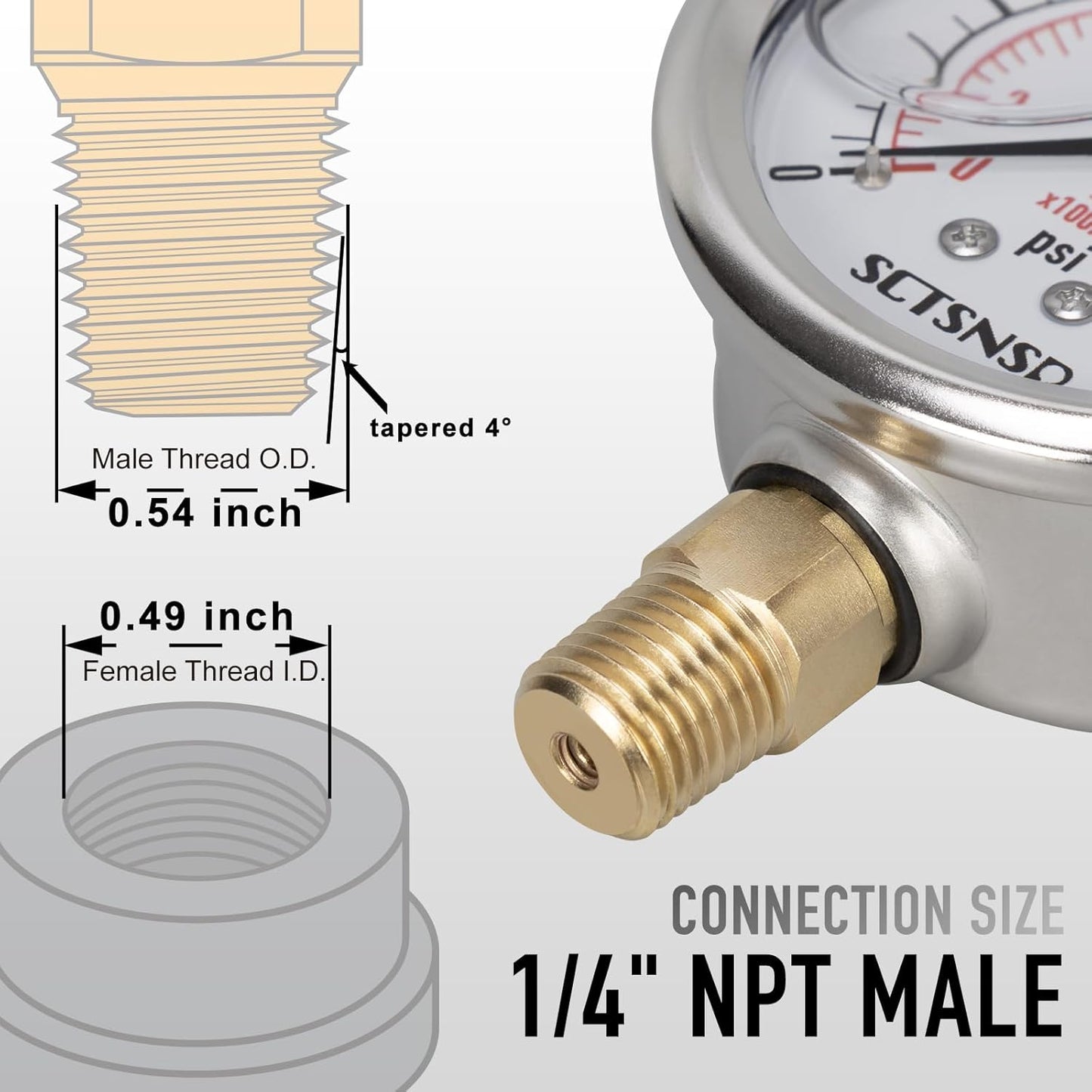 0 to 15 Psi Pressure Gauge, Glycerin Liquid Filled, 2.5 inch Dial, 1/4" NPT Lower Mount, Stainless Steel Case, for ATV Tire, HVAC Pipe, Well Tank, Fuel, Coolant, Nitrogen, Low Pressure Test