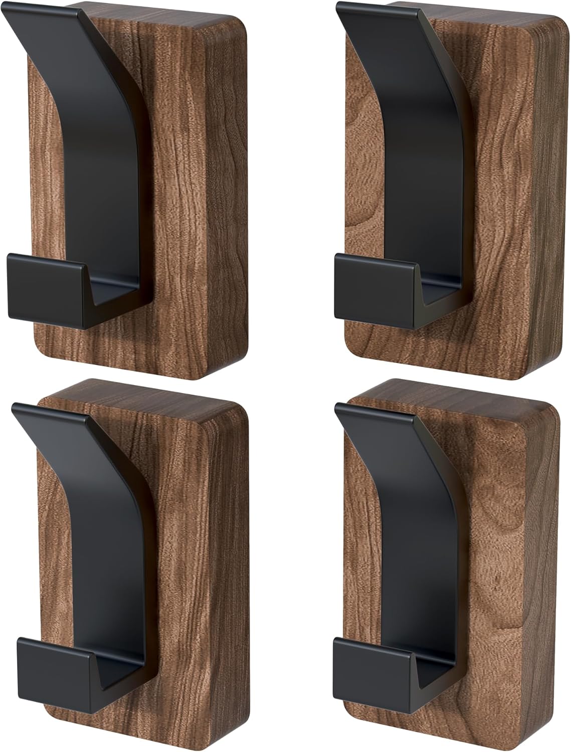 4 PCS Black Walnut Wood Wall Hooks Adhesive Mounted & Wall Mounted Rustic Decorative Entryway Hooks Mid Century Modern Natural Wooden Pegs for Hanging Coat Clothes Hat Bag Purse and Towel