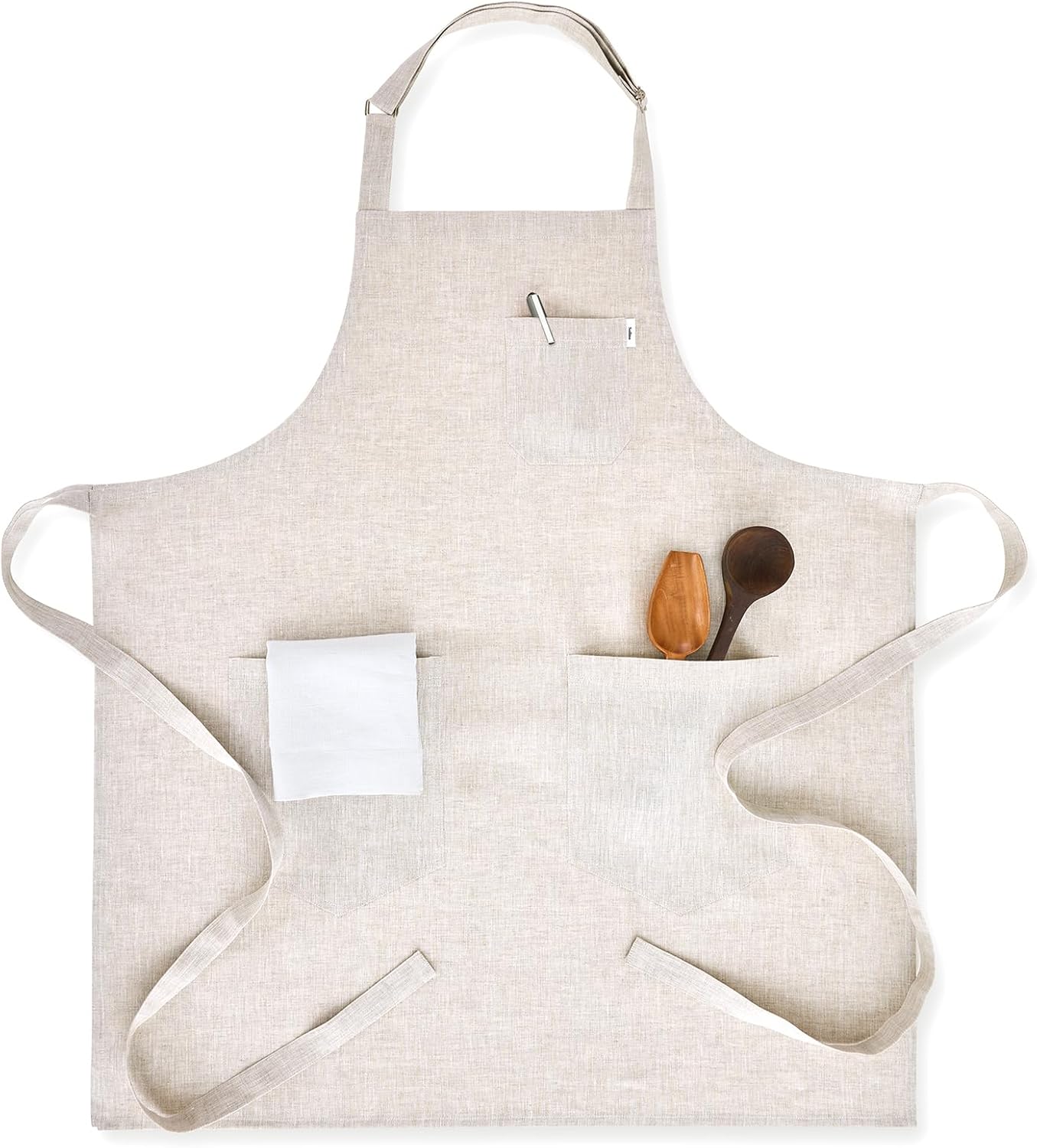 Solino Home Linen Kitchen Apron for Men & Women - Light Natural Bib Apron with Front Pockets - Handcrafted from European Flax