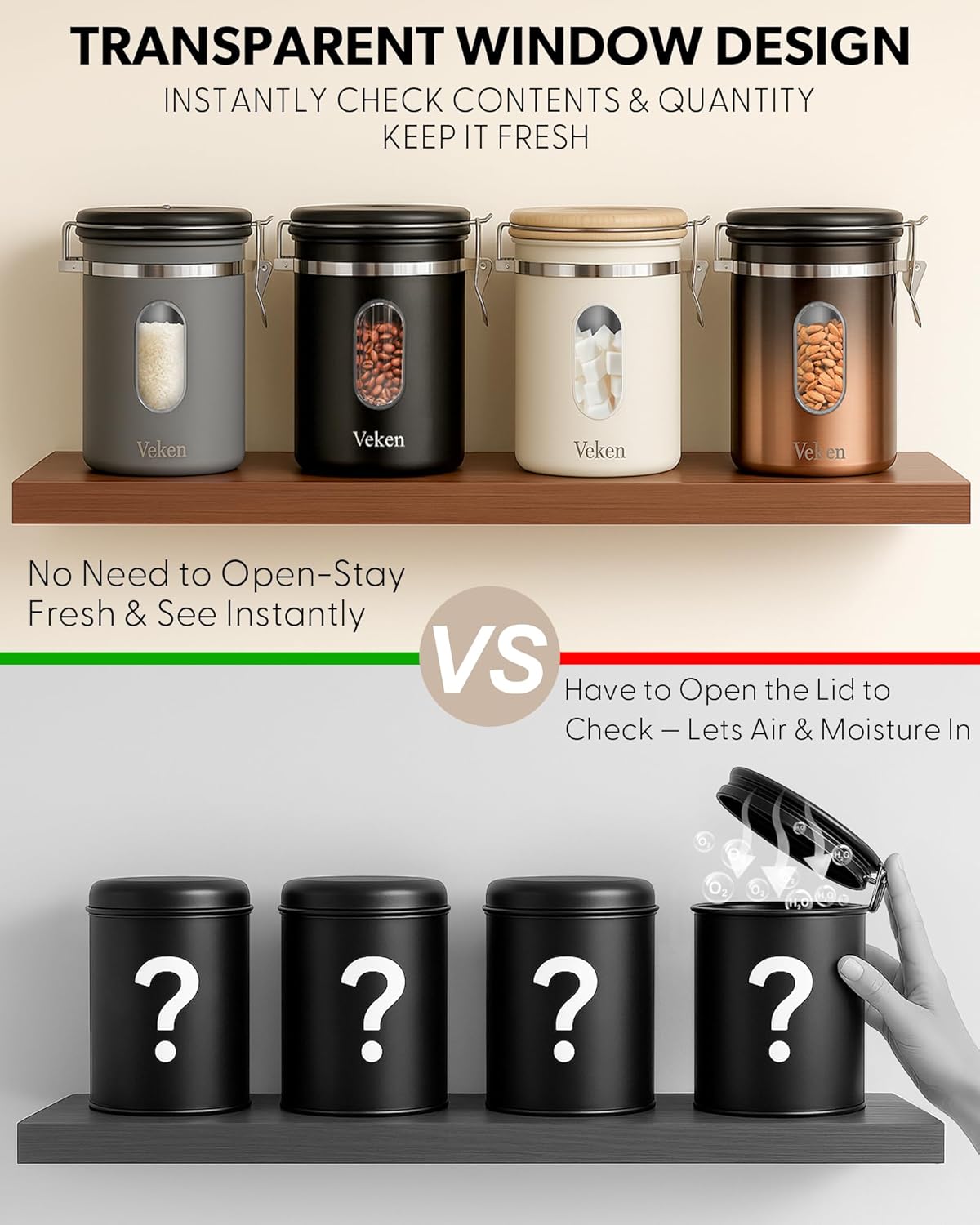 Veken Coffee Sugar Canister with Window, Coffee Lover Gift Set,Airtight Stainless Steel Kitchen Food Storage Container Gifts, Date Tracker & Scoop for Grounds Coffee,Beans,Tea,Flour,Cereal,22OZ,Cream