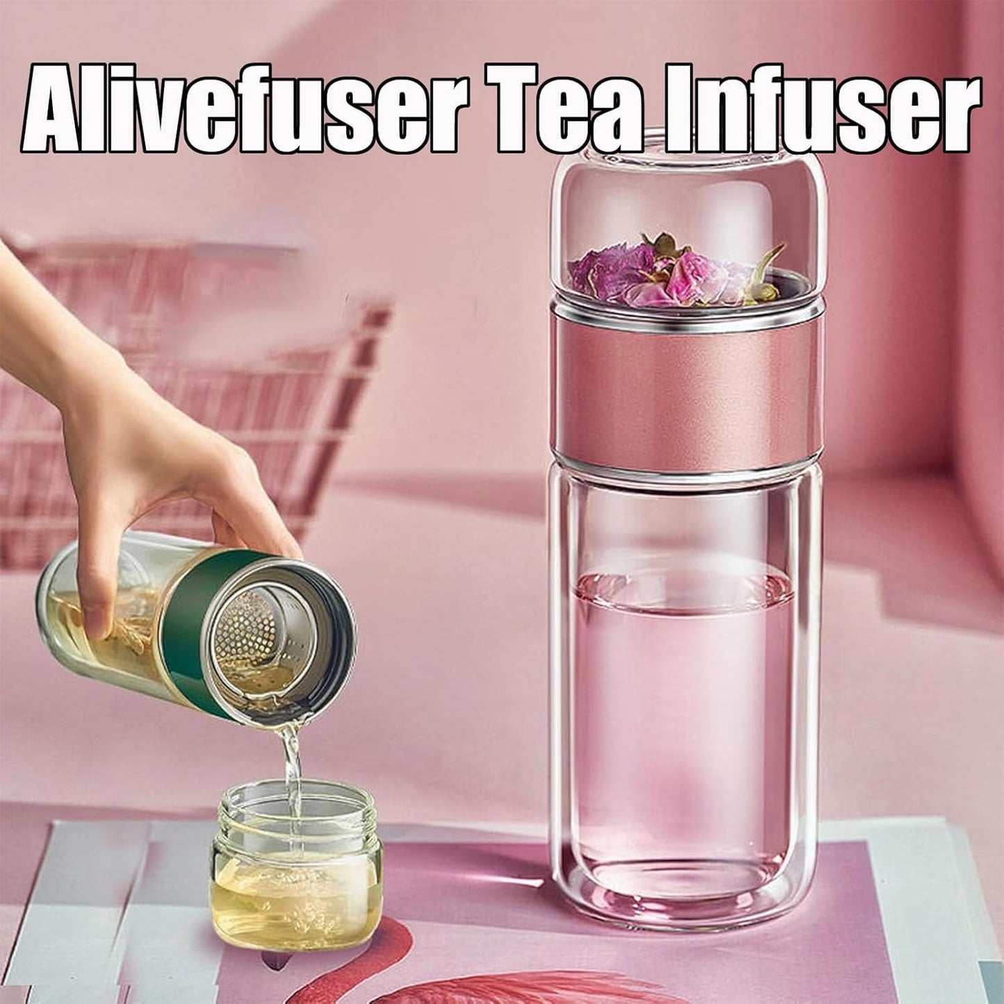 Tryteava Glass Infuser, Tryteava 3-in-1 Smart Tea Infuser, Portable Glass Double Wall Tea Infusers Bottle, with Stainless Steel Filter, Hot & Cold Brew, For Loose Leaf, Office Home (Pink, 420ml)