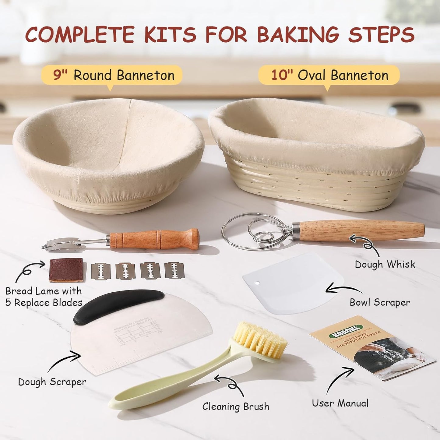 Sourdough Starter Kit, 9" Round & 10" Oval Banneton Proofing Bread Baskets Set, Sourdough Bread Baking Supplies for Beginner and Professional Bakers