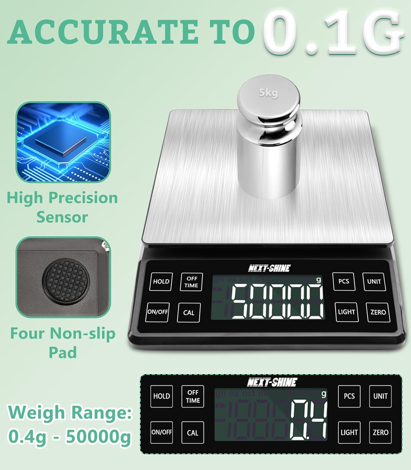 NEXT-SHINE Food Kitchen Scale 11lb 0.1g/0.01oz Precise Graduation, 9 Units Rechargeable Digital Scale Stainless Steel Platform LCD Display