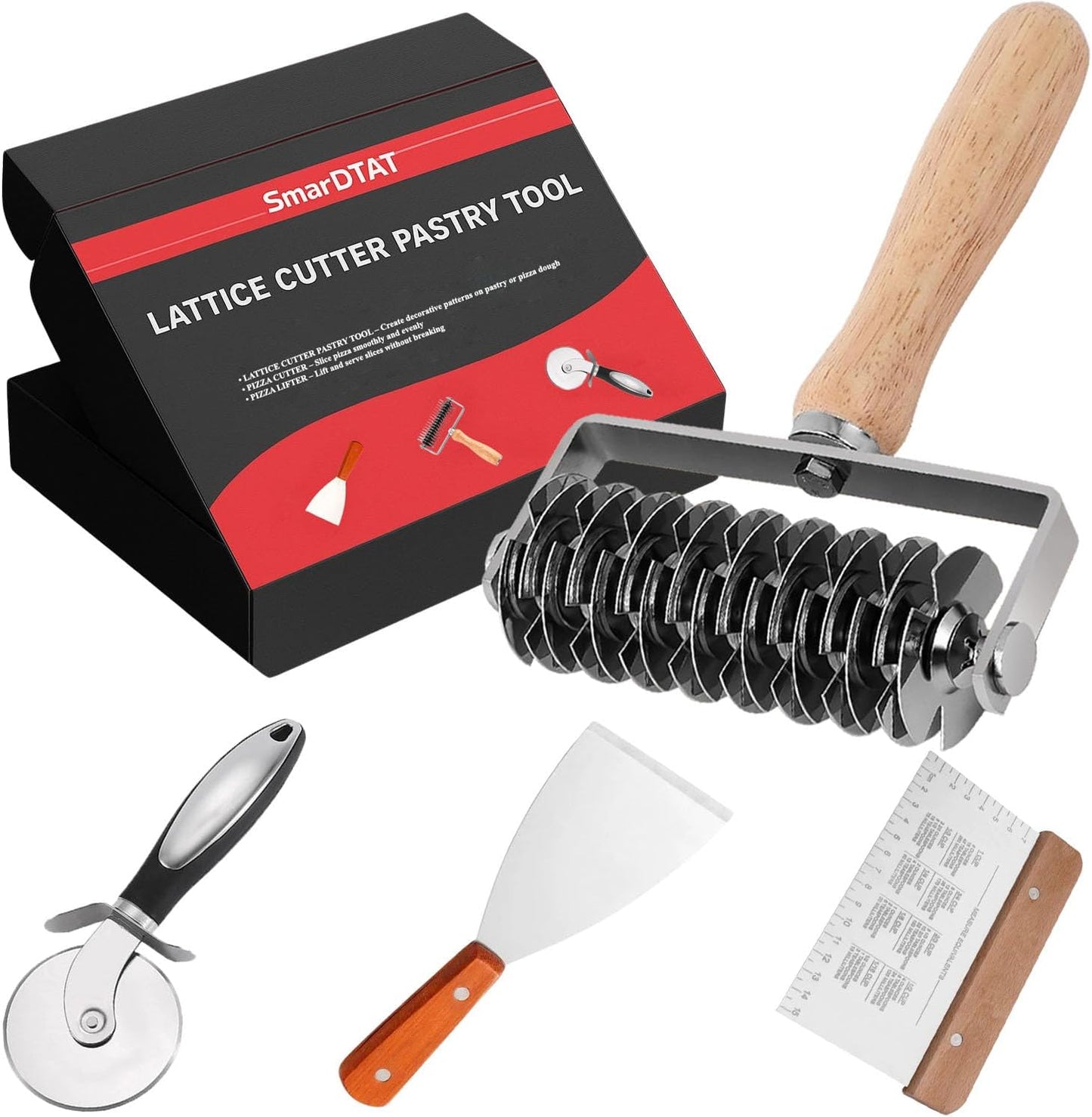 4 PCS Lattice cutter pastry tool roller with bench scraper and pizza cutter – stainless steel wood handle for pie top crust rolling, puff pastry, sourdough, bread, kitchen tools