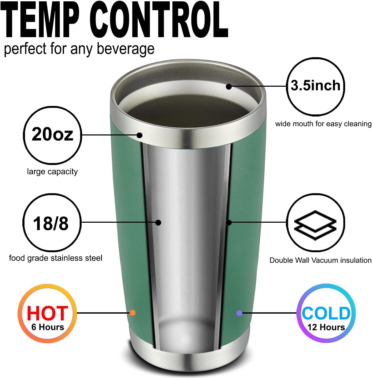 COMOOO 20oz Double Wall Vacuum Insulated Travel Mug, Stainless Steel Tumbler with Lid and Straw Durable Powder Coated Insulated Coffee Cup for Cold & Hot Drinks（Dark Green, 6 Pack