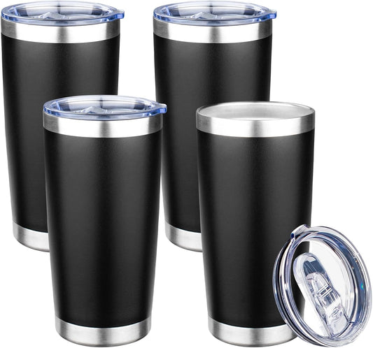 20oz Tumbler with Lid Double Wall Vacuum Insulated Travel Coffee Mug Stainless Steel Thermal Cup Powder Coated Sturdy Coffee Tumbler Bulk for Hot and Cold Beverage (Black,4)