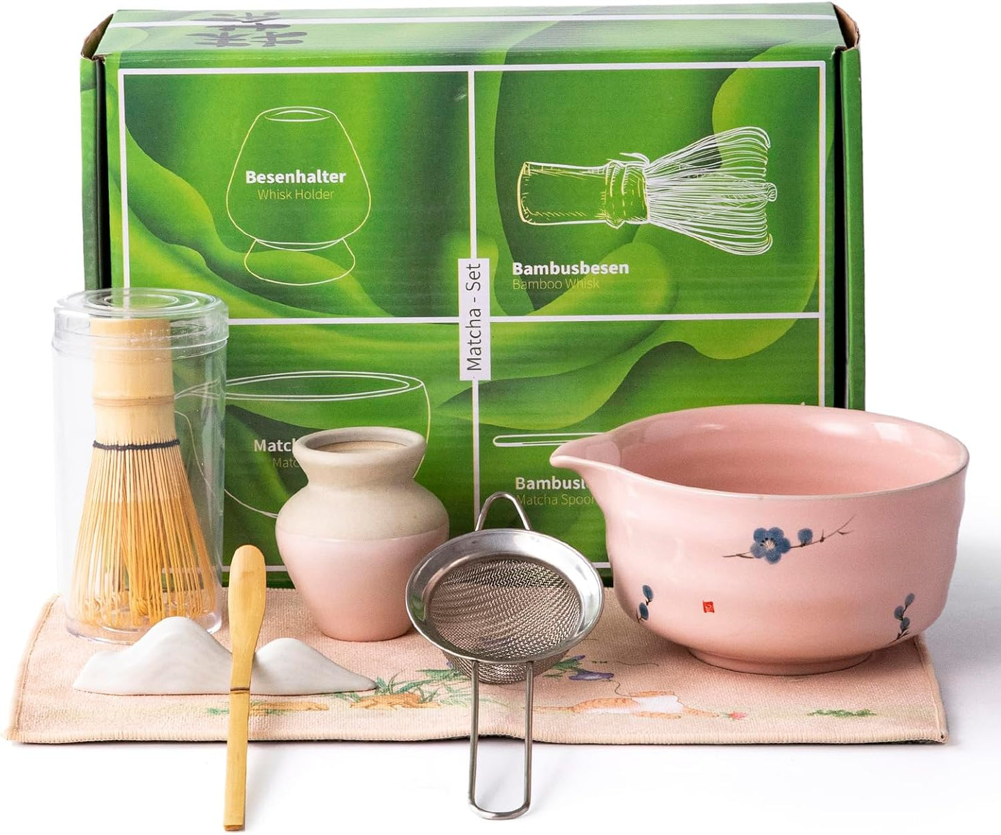 matcha whisk set,matcha set, including matcha bowl, matcha whisk and stand, sieve, spoon, cloth mat, gift for matcha lovers (pink)