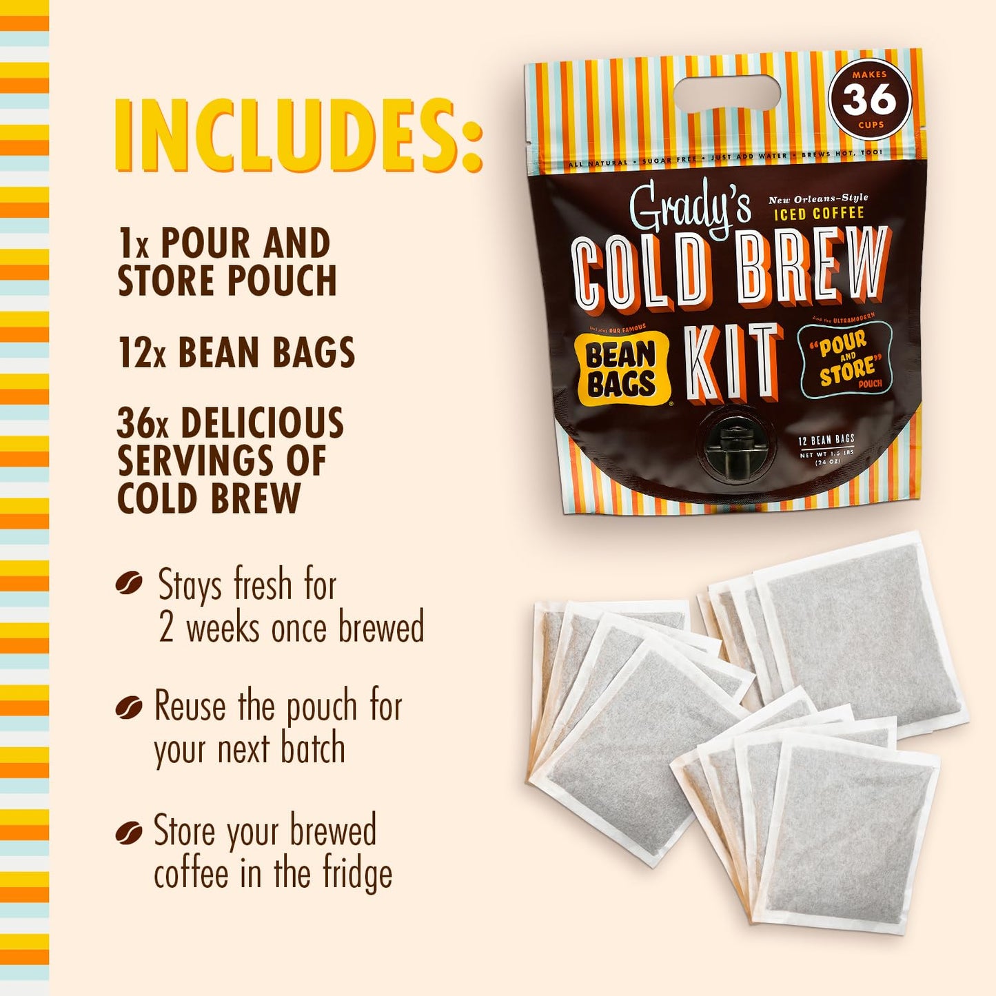 GRADY'S COLD BREW, French Vanilla, 100% Arabica Ground Coffee & Chicory Pouches, All-in-One Cold Brew Kit with 12 Easy-to-Brew Bags, Makes 36 Drinks