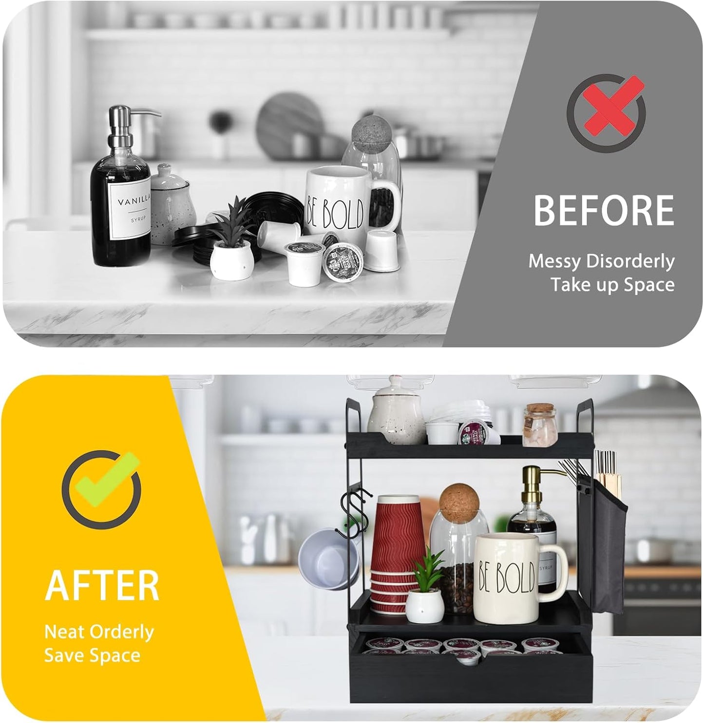 Wooden Coffee Bar Organizer - 2-Tier Station with Pod Holder, Syrup Snack Organizer, Bag & Hooks (Black)