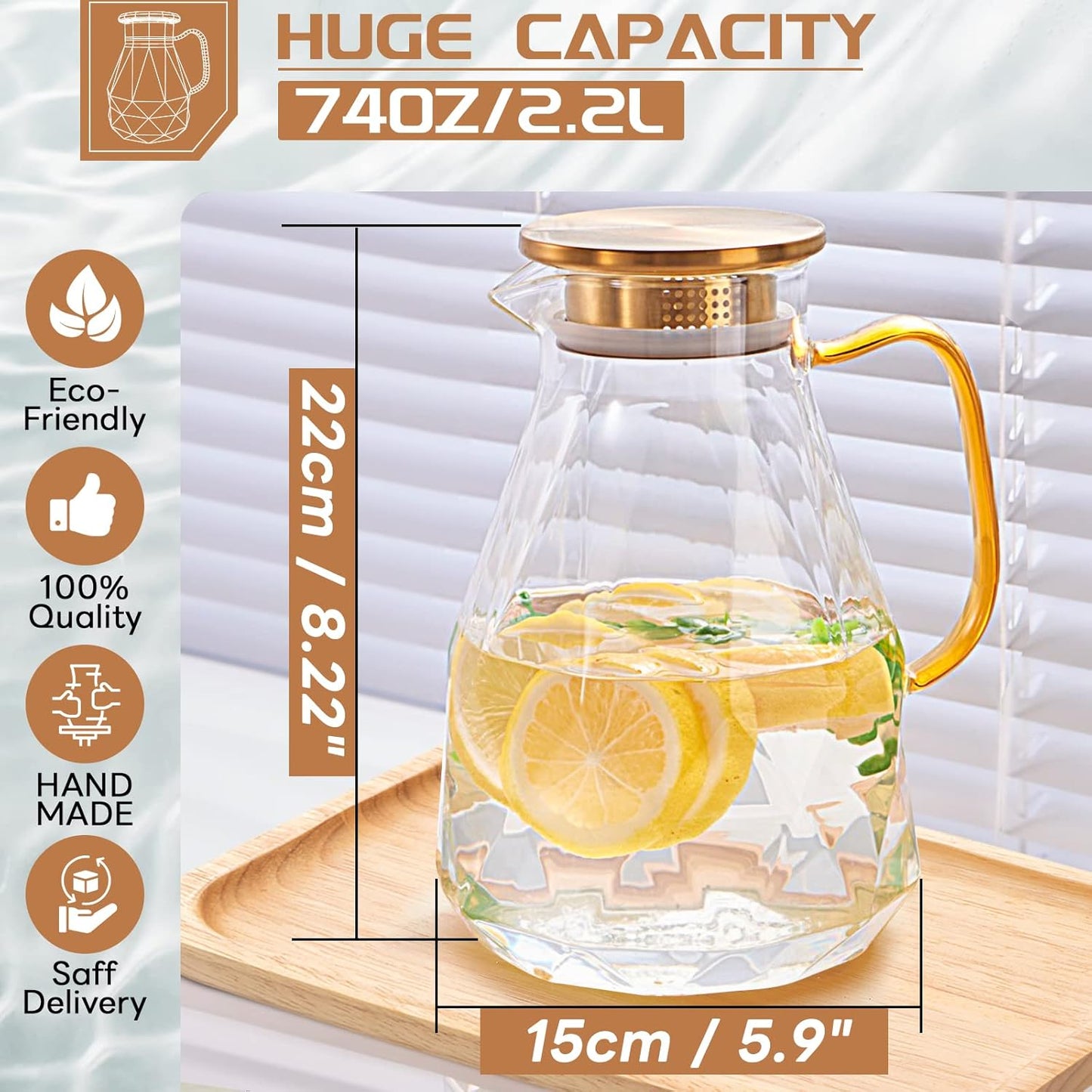 Yirilan Glass Pitcher,74oz/2.2 Liter Water Pitcher with Lid,Beverage Serveware,Iced Tea Pitcher,Water Carafe Handle,Heat Resistant Borosilicate Jug（with Mixing Spoon and Cup Brush）