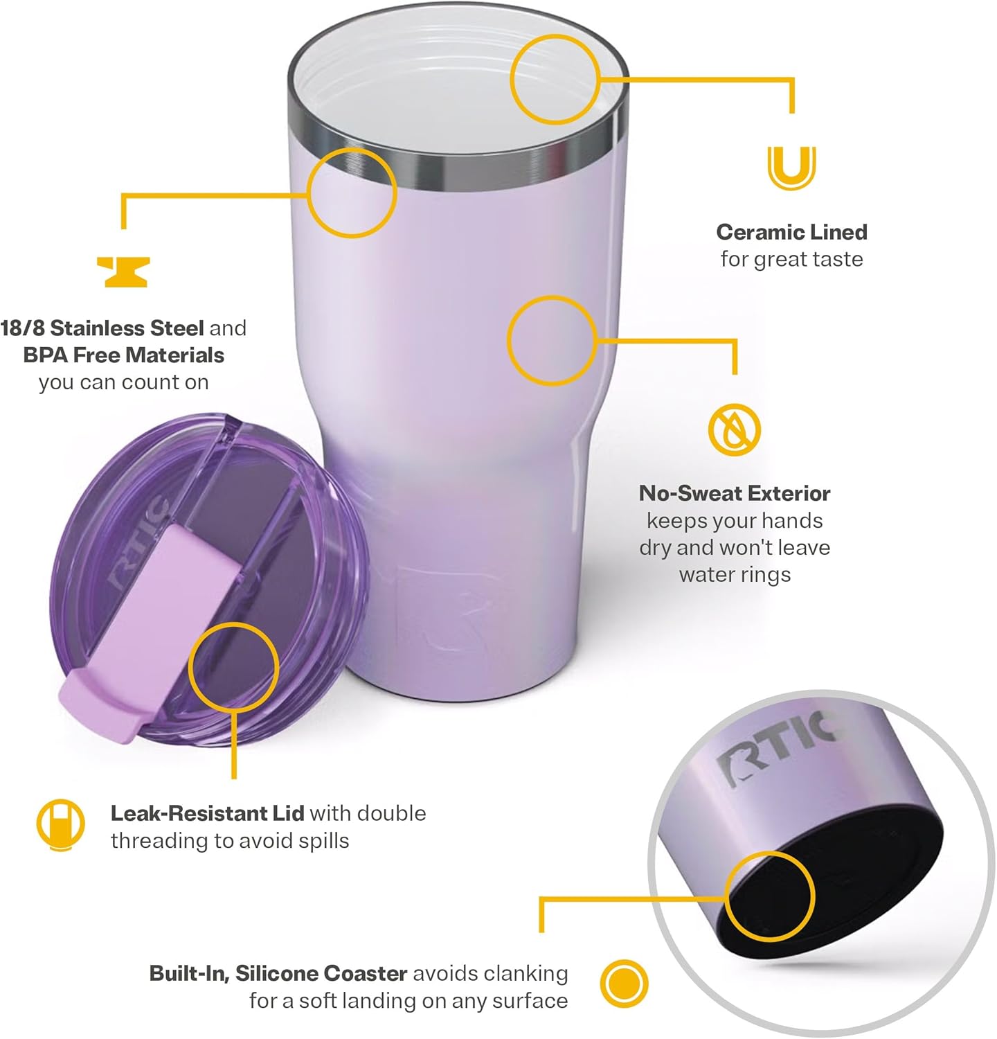 RTIC 30oz Essential Tumbler with Lid, Insulated, Stainless Steel, Metal, Double Wall Vacuum-Insulation, Ceramic Lined, Travel Cup for Iced Coffee, Tea, Hot and Cold Drink, Lavender Glitter