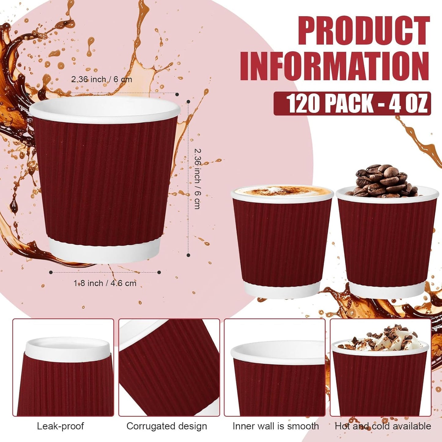500 Pack Paper Espresso Coffee Cups, 4 oz Disposable Coffee Cups,Corrugated Insulated Ripple Wall, Paper Ripple Cup for Coffee, Hot Chocolate and Hot Tea Drinks -Red