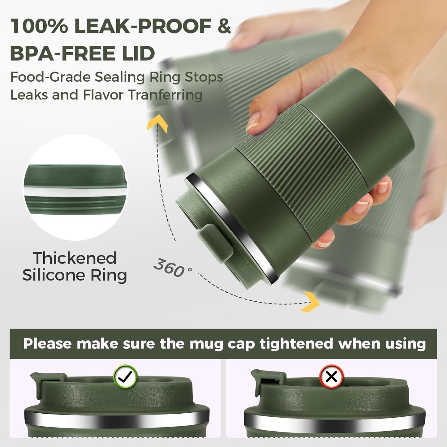 Volhoply 13 oz Stainless Steel Insulated Travel Coffee Mug with Fip Lid Bulk 2 Pack,Reusable Double Wall Vacuum Metal Coffee Cup,Portable Leak Proof Thermal Tumbler for Hot & Cold Drinks(Army Green,2)