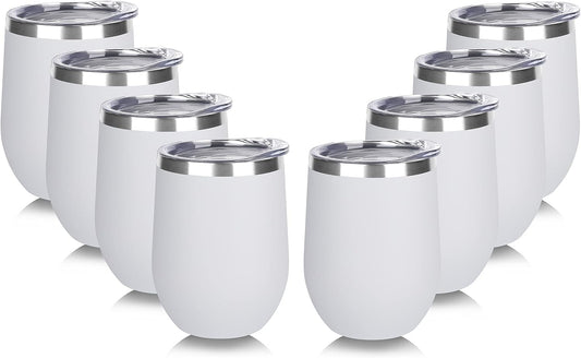 DOMICARE Stainless Steel Wine Tumbler Bulk with Lid, Personalized White Insulated Tumblers Set, 12oz Travel Coffee Cups Pack of 8