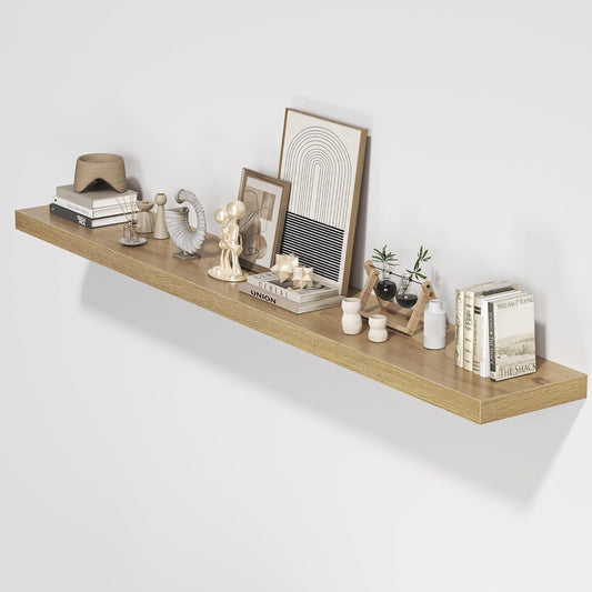Floating Shelves for Wall, 72"W x 9.3"D x 1.5"H, Long Wooden Wall Mounted Display Shelves with Invisible Brackets for Living Room, Bedroom, Bathroom, Kitchen Decor and Storage, Set of 1, Oak