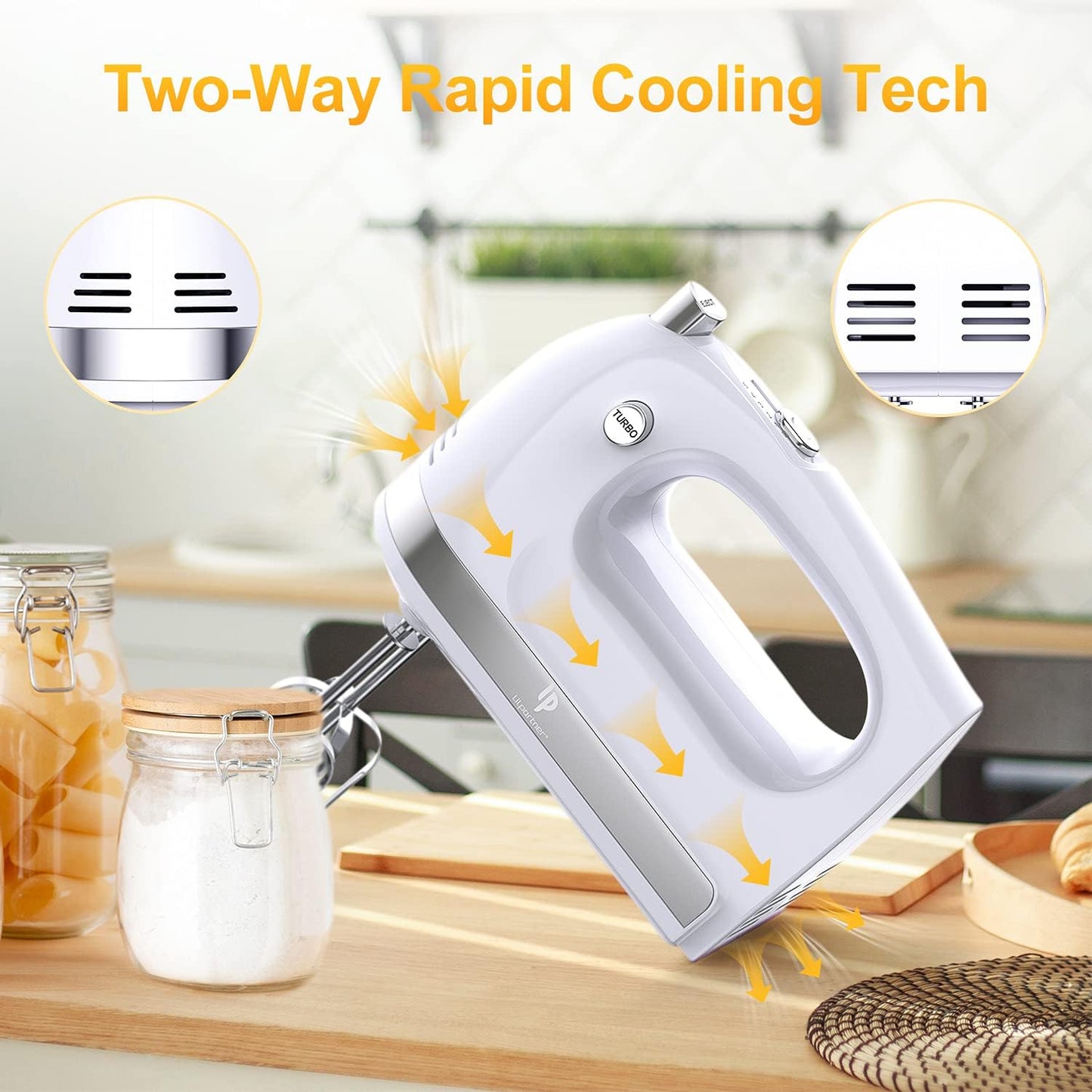 Hand Mixer Electric, 400W Food Mixer 5 Speeds Handheld Blender, 5 Stainless Steel Accessories, Storage Box, Kitchen Blender with Cord for Cream, Cookies, Dishwasher Safe, White