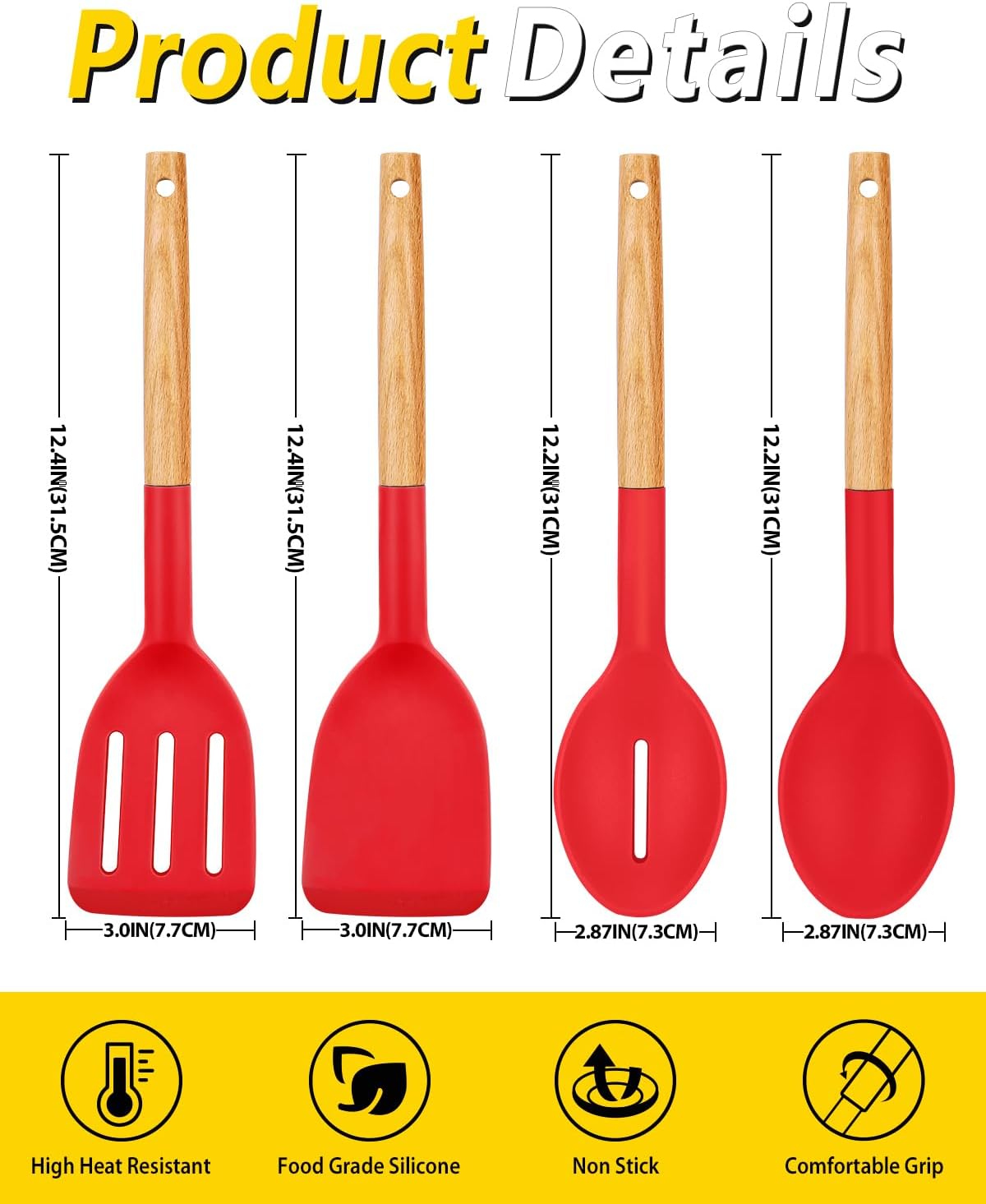 Pack of 4 Silicone Cooking Utensils Set, Non Stick Solid Spatulas and Heat Resistant Slotted Spoons with Wooden Handle, Ideal Wood Kitchen Utensils Set for Frying,Serving,Turning,Stirring (RED)