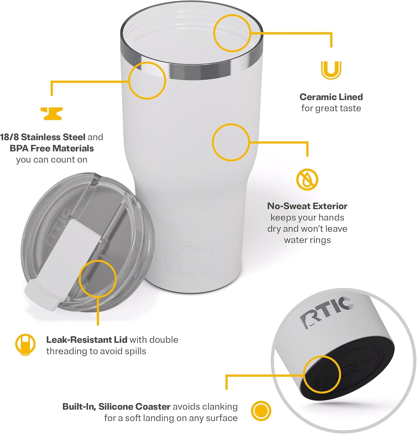 RTIC 30oz Essential Tumbler with Lid, Insulated, Stainless Steel, Metal, Double Wall Vacuum-Insulation, Ceramic Lined, Travel Cup for Iced Coffee, Tea, Hot and Cold Drink, White