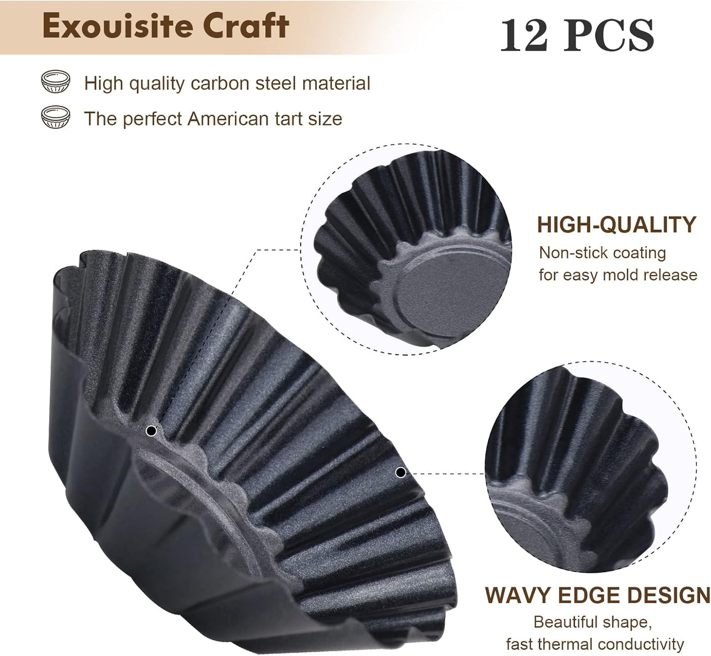 Egg Tart Molds, 12 PCS Non-Stick Very Mini Tart Pans, Mini Tart Mold 3 InchTop, 1.7 Inch Bottom, 0.9Inch High, Carbon Steel, Kitchen Reusable Baking Tools.