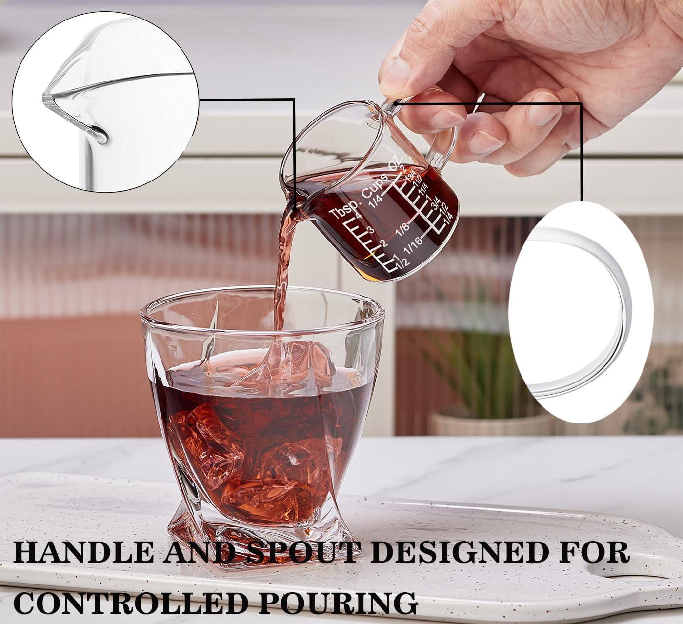 Ackers Etching Scale Measuring Glass -[Insulated handle | V-Shaped Spout]-Made of High Borosilicate Glass Measuring for Kitchen or Restaurant, Easy to Read, 60 ML (2 Oz) 丨(2 Pack)