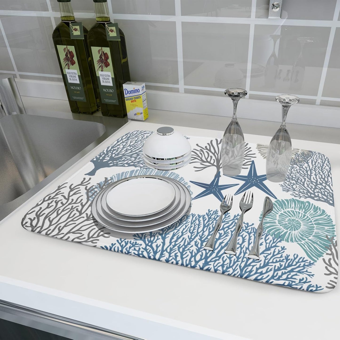 Summer Coastal Dish Drying Mats for Kitchen Counter 16x18 Inch Sea Shells Starfish Drying Mat High Absorbent Reversible Kitchen Mat Blue Coral Ocean Themed Dishes Pad for Countertop Tableware Decor